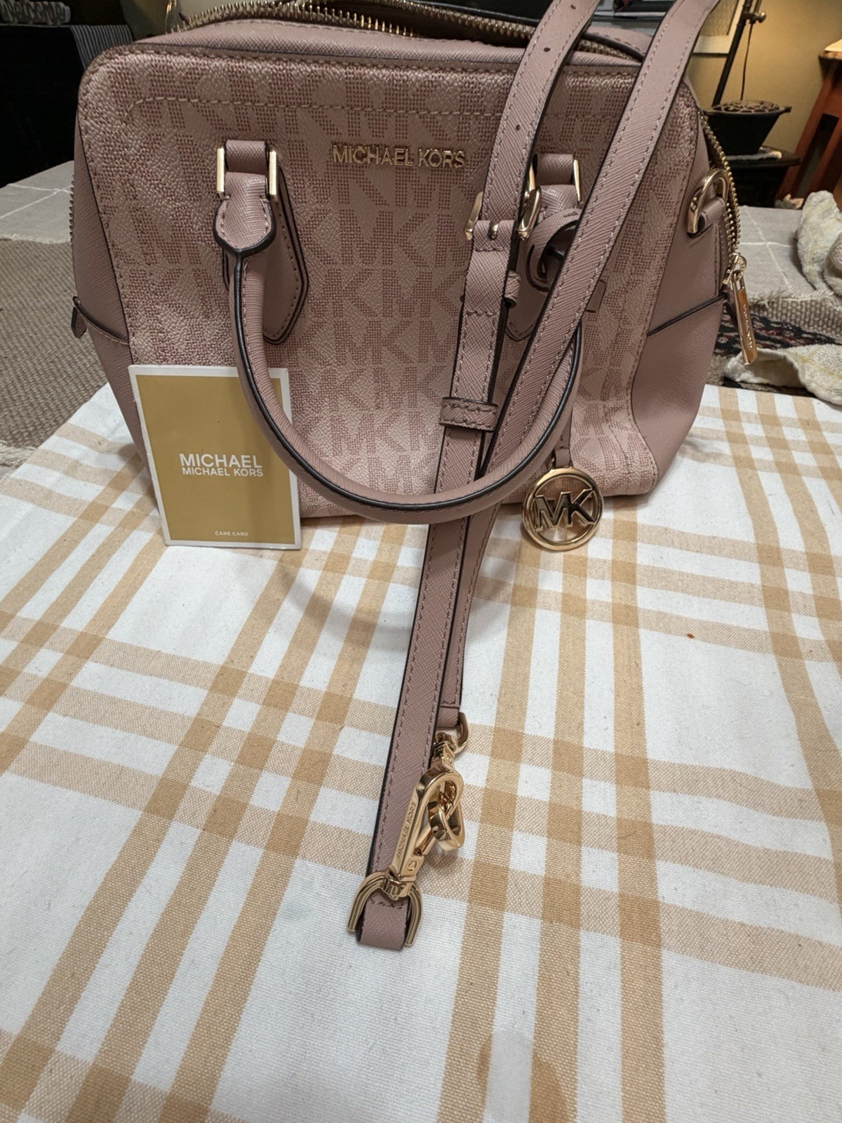 Michael Kors Pink MK Logo Satchel Top Handle Zip Gold Hardware Adjustable Strap