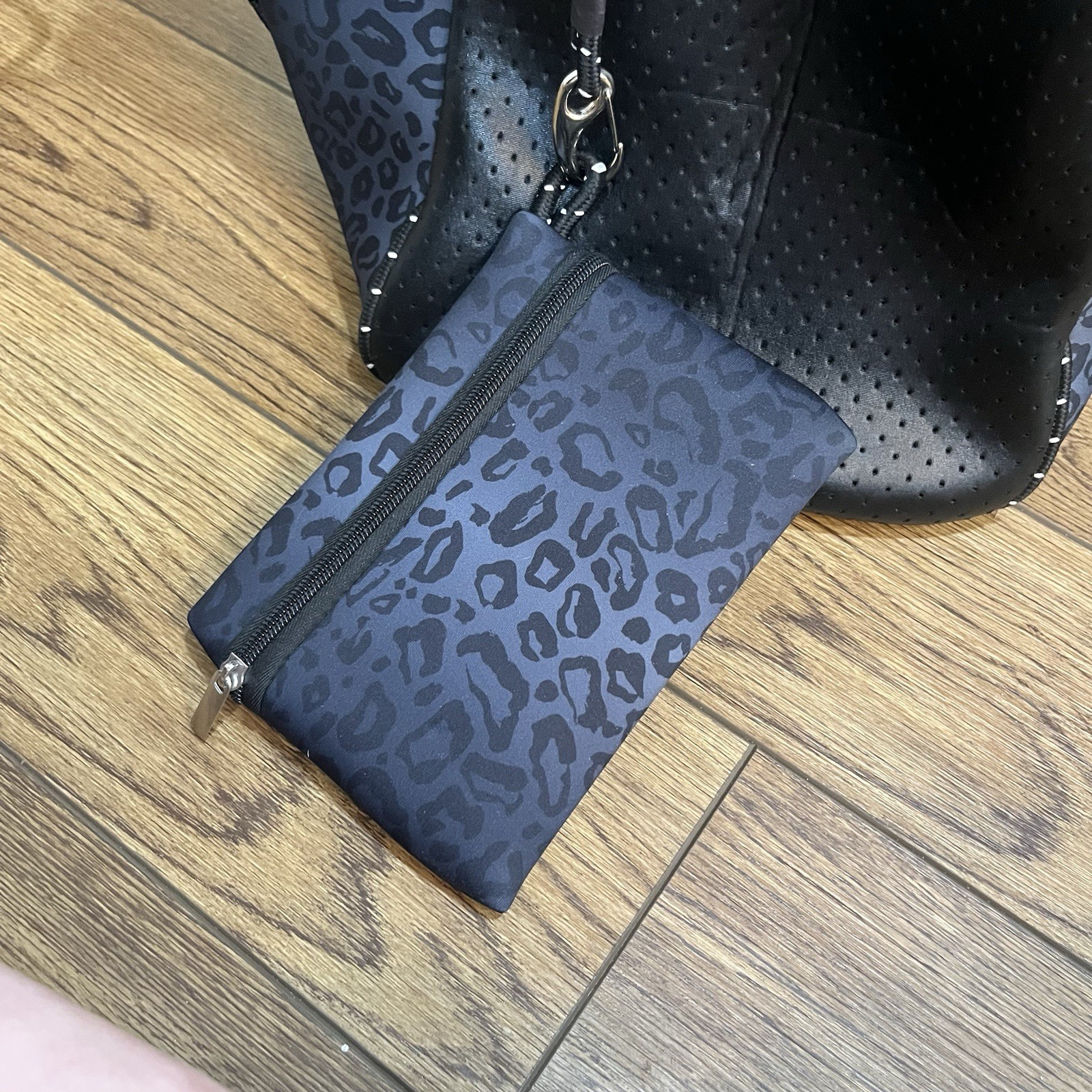 Large Black Blue Leopard Neoprene Tote and Zipper Pouch
