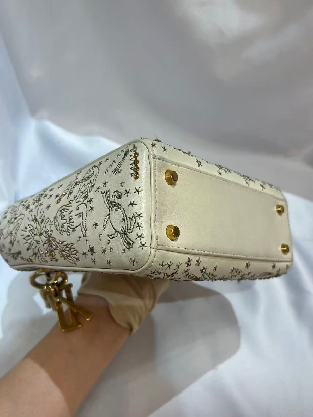 Auth Christian Dior Lady Dior Mini White Zodiac Beaded Embroidery Crossbody Bag
