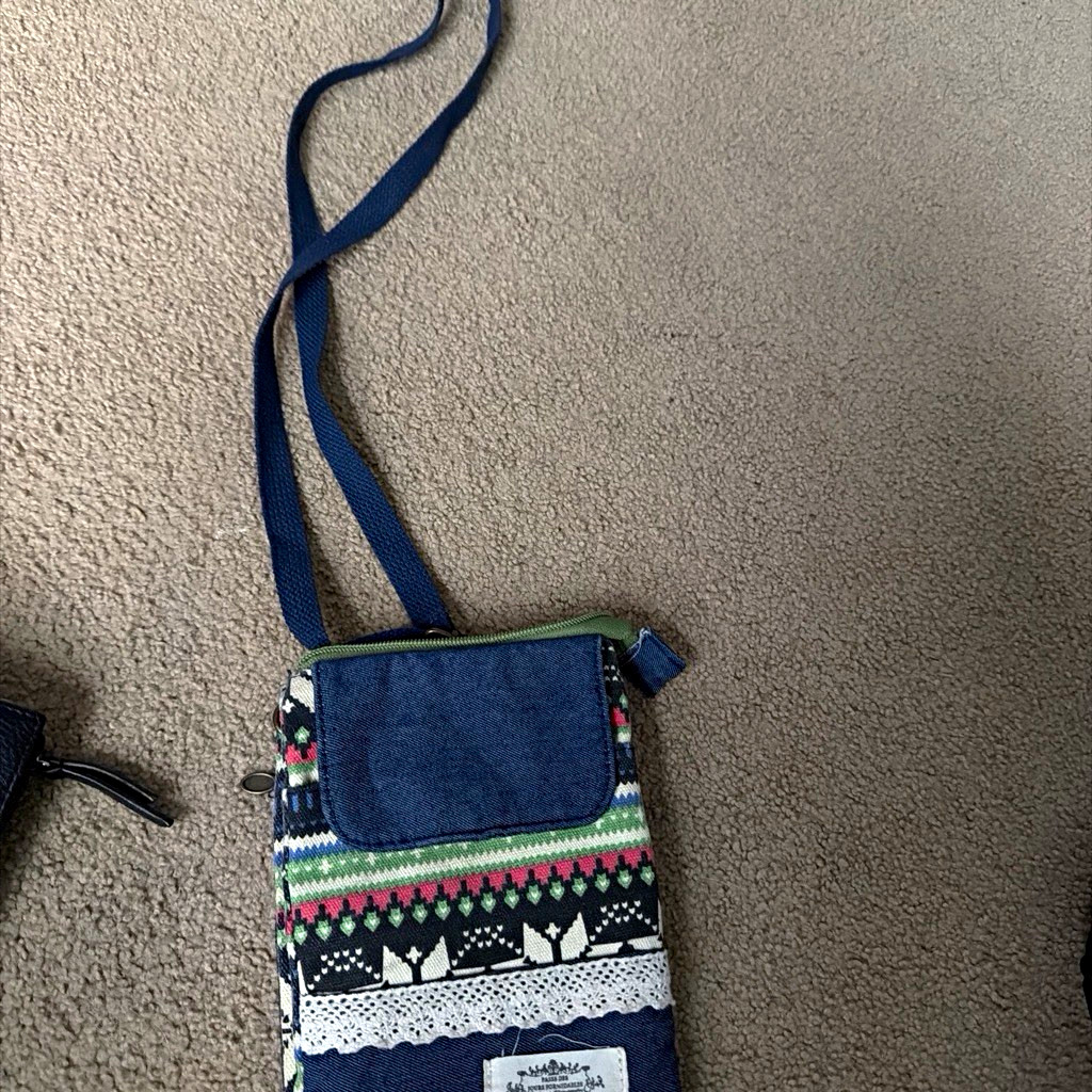 Blue Multicolor Fair Isle Small Crossbody Bag Adjustable Strap Zip Closure