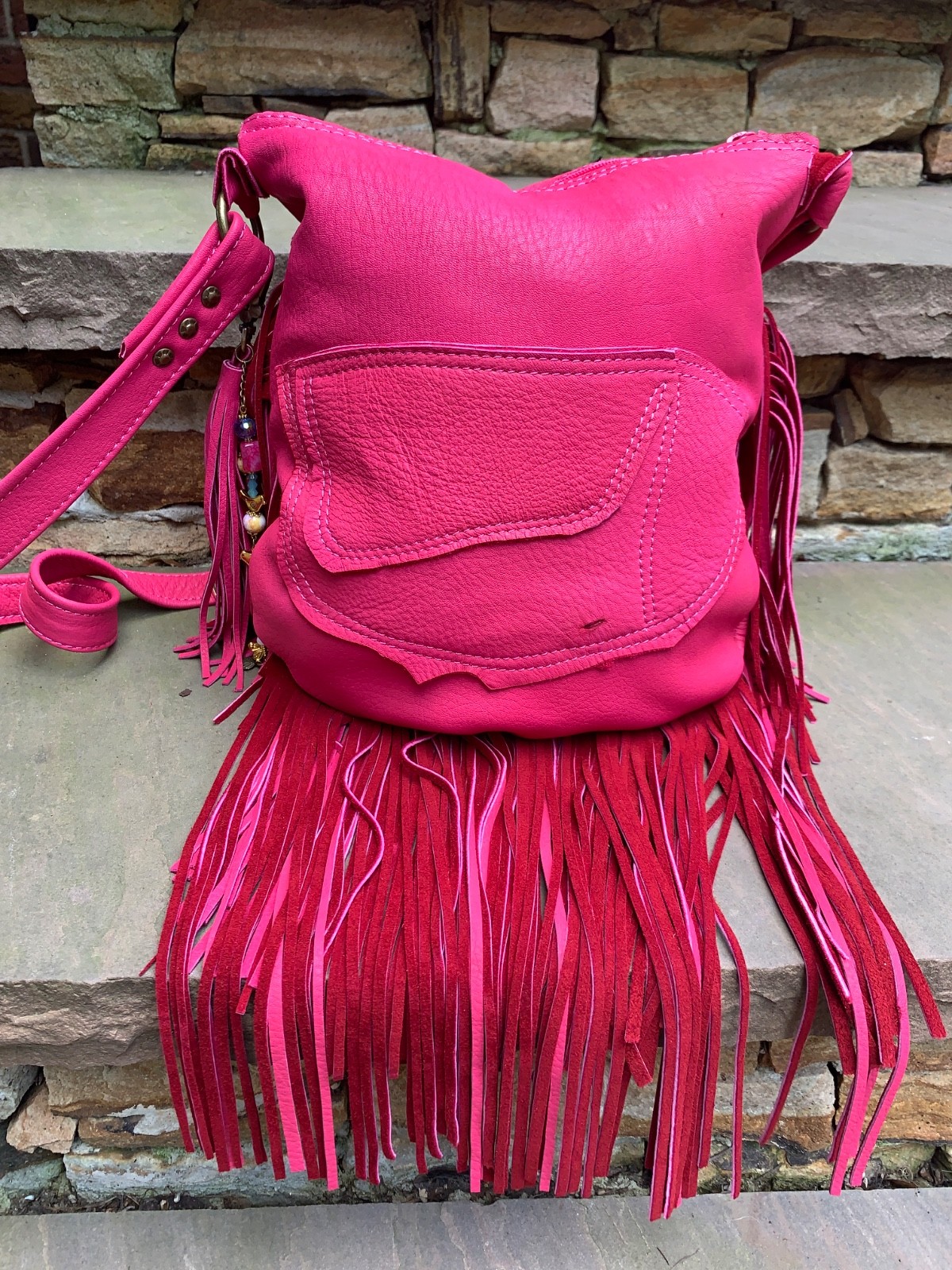 Soft HOT PINK Deerskin, beads, BOHO long fringe crossbody bag USA!