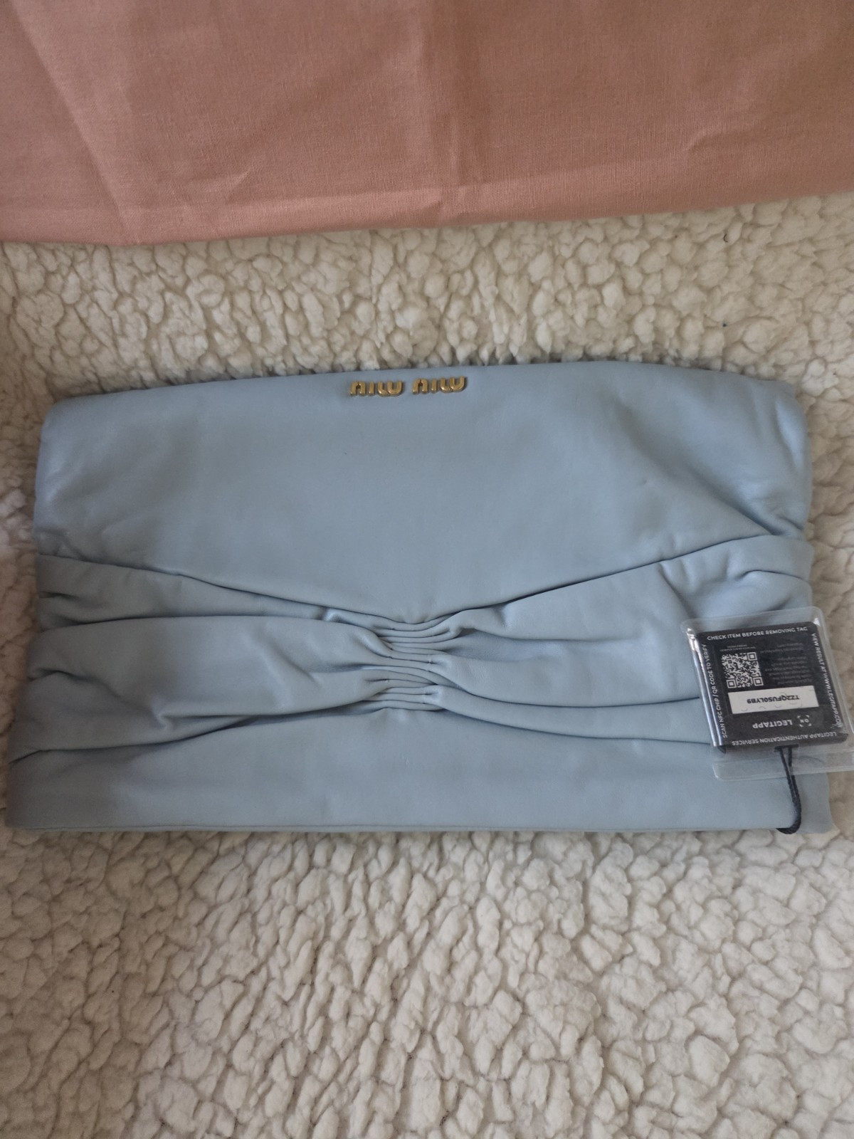 Miu Miu Light Blue Ruched Pleated Zip Clutch Gold Hardware Dust Bag