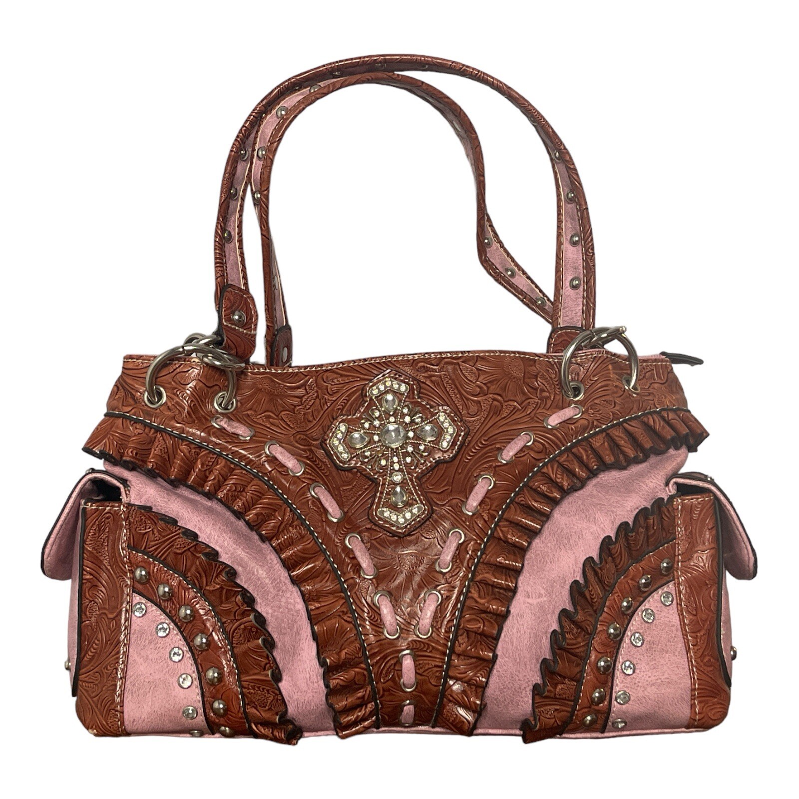 Faux Leather Pink Shoulder Purse Wallet Studded Cross Embossed Ruffle Country