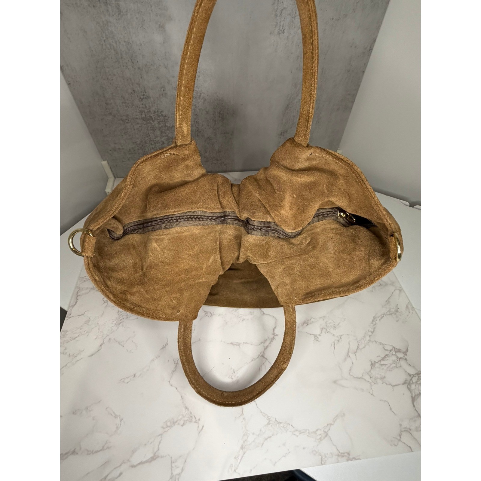 Made in Italy Genuine Suede Leather Tote Bag Brown Slouchy Pleated Handbag Large