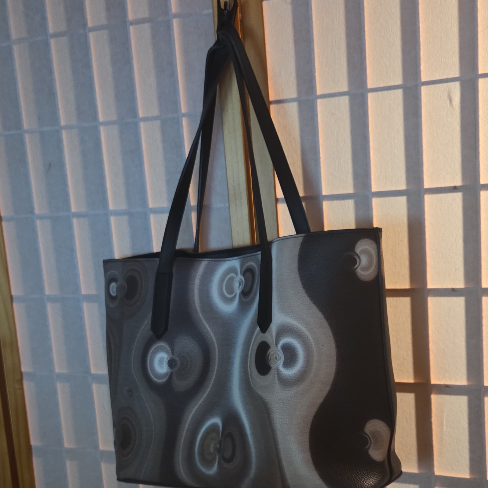 Black Gray Pebbled Abstract Tote Bag Double Handles Stitching Rectangle Shape