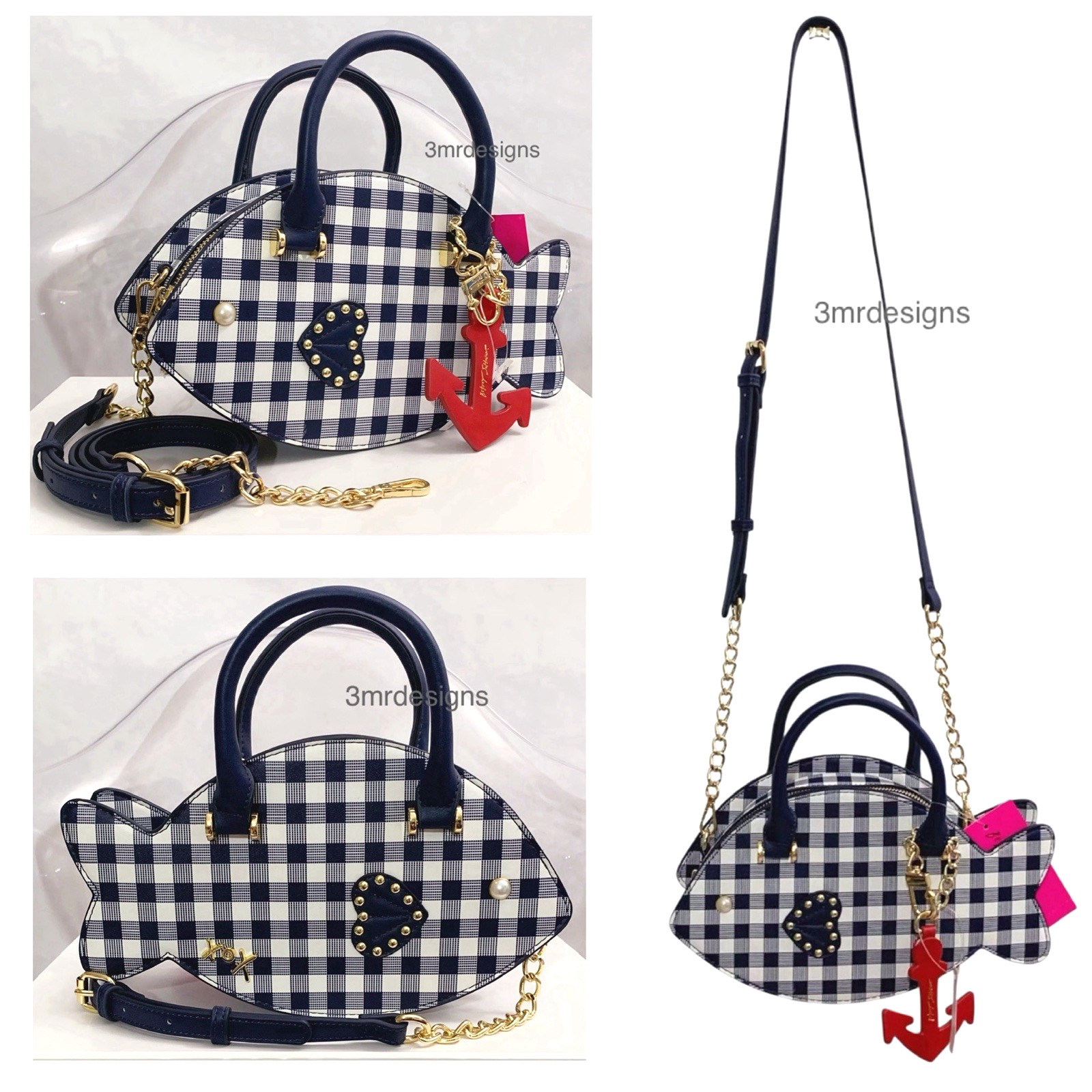 NWT Betsey Johnson FISH Faux Leather Navy Blue Gingham Patterns Crossbody Bag