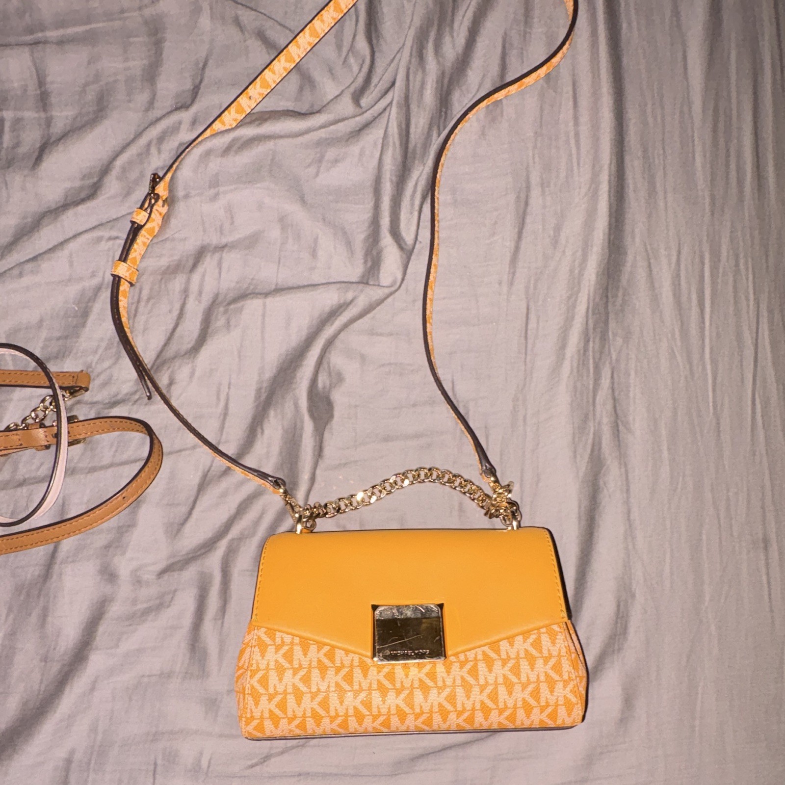 Michael Kors MK Logo Tan/Orange Small Crossbody Bag Chain Handle Detach Strap