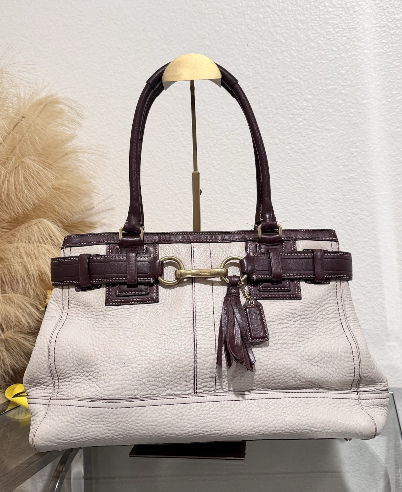 Coach Hampton Satchel Bag In Cream & Burgundy Pebbled Leather Style F06S-10213