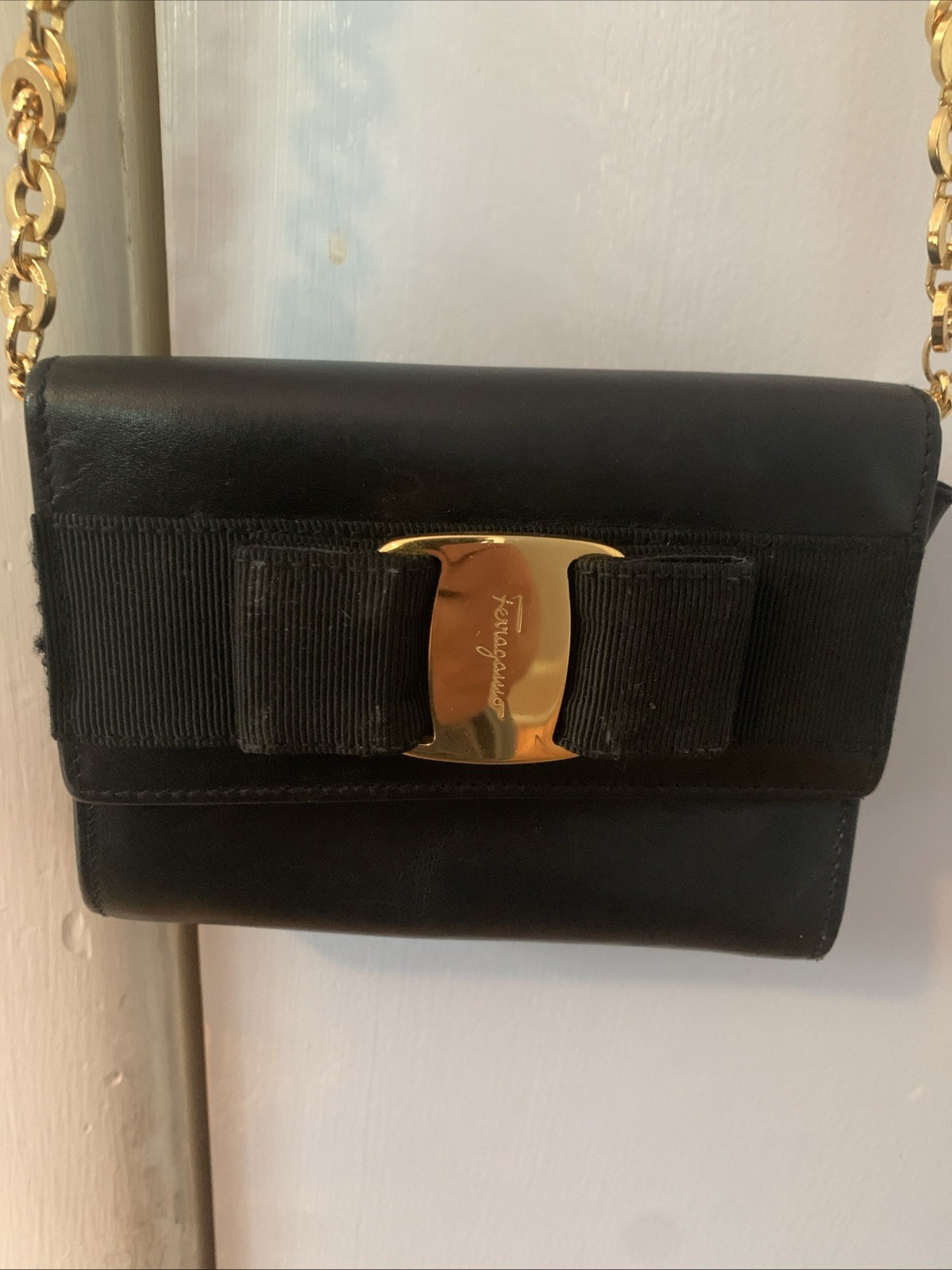 Vintage Ferragamo Vara Bow Black Leather Shoulder Bag/ Handbag Gold Hardware