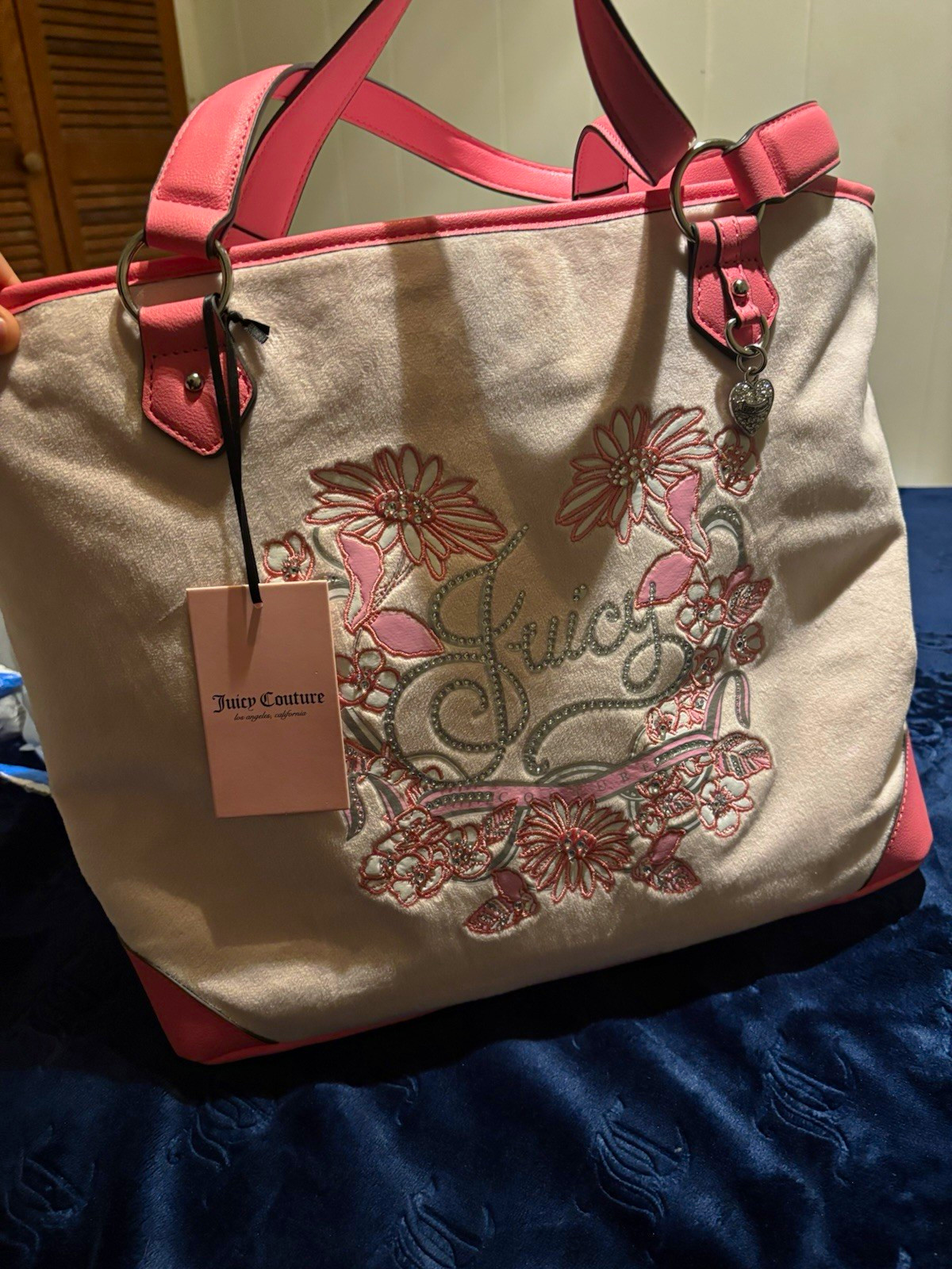 Juicy Couture Large Pink & Beige Floral Logo Tote Zip Lined Pockets Charm Tag