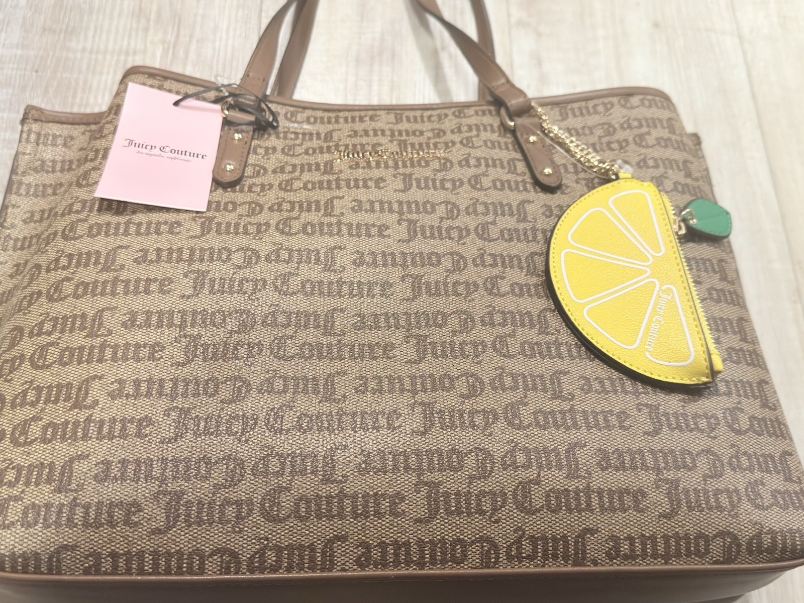 Juicy Couture Brown Logo Tote Bag Lemon Charm Gold Hardware Double Handles