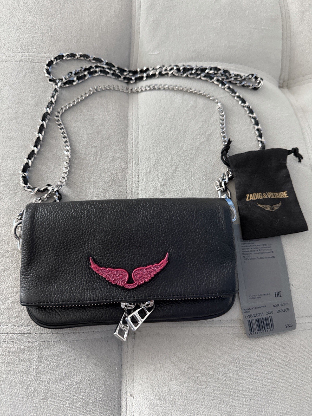 Zadig & Voltaire Rock Nano Swing Your Wings Black Grained Crossbody Bag
