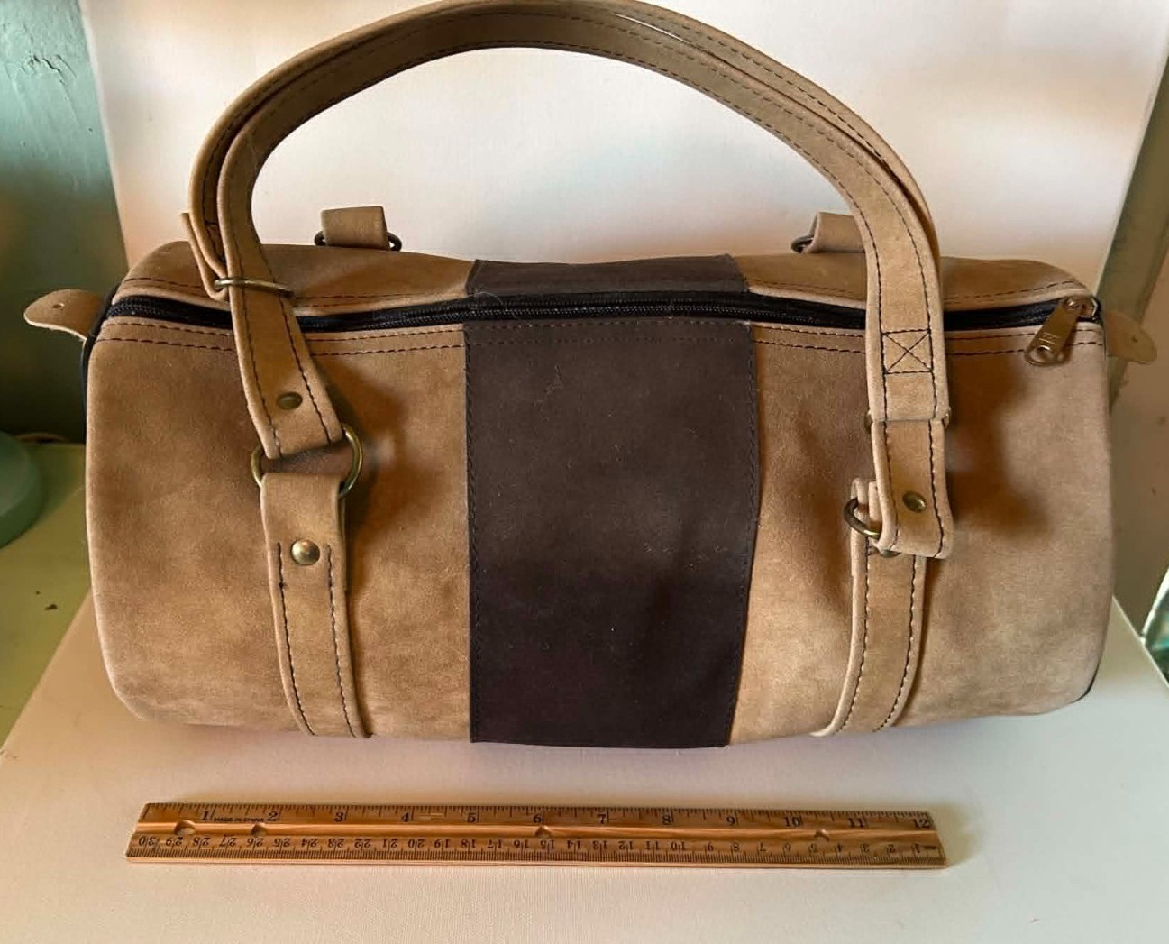 Vintage 70s 80s Suede Barrel Bag Two Tone Brown Tan YKK Zipper Retro Cylinder