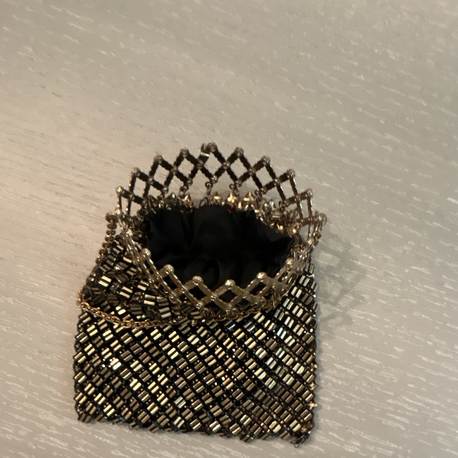 Whiting & Davis Bag Co. Gold Tone Metal Mesh Beaded Compact Chain Strap