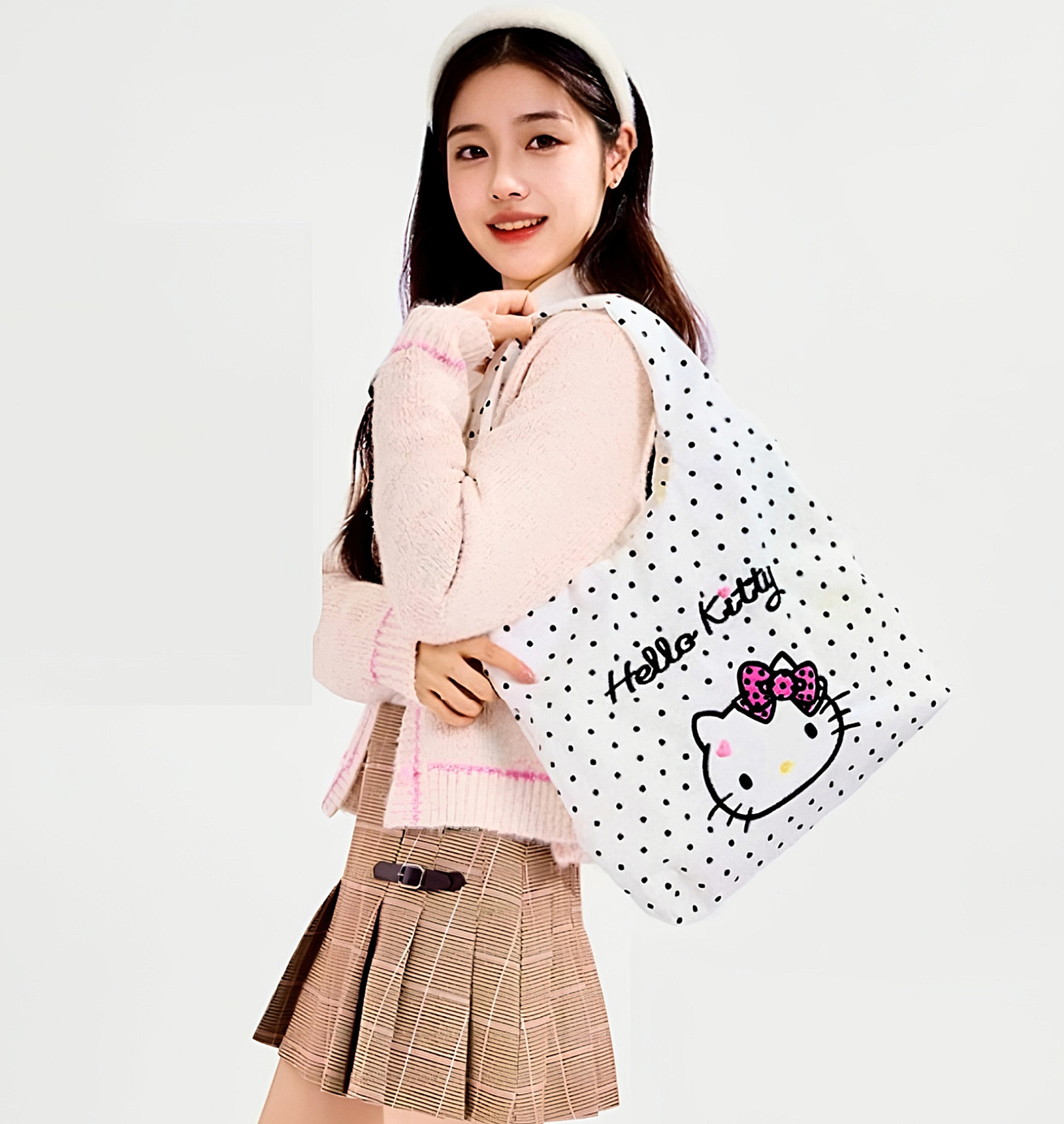 Sanrio Hello Kitty Polka Dot Tote Bag Authentic Embroidered Face Shoulder Bag