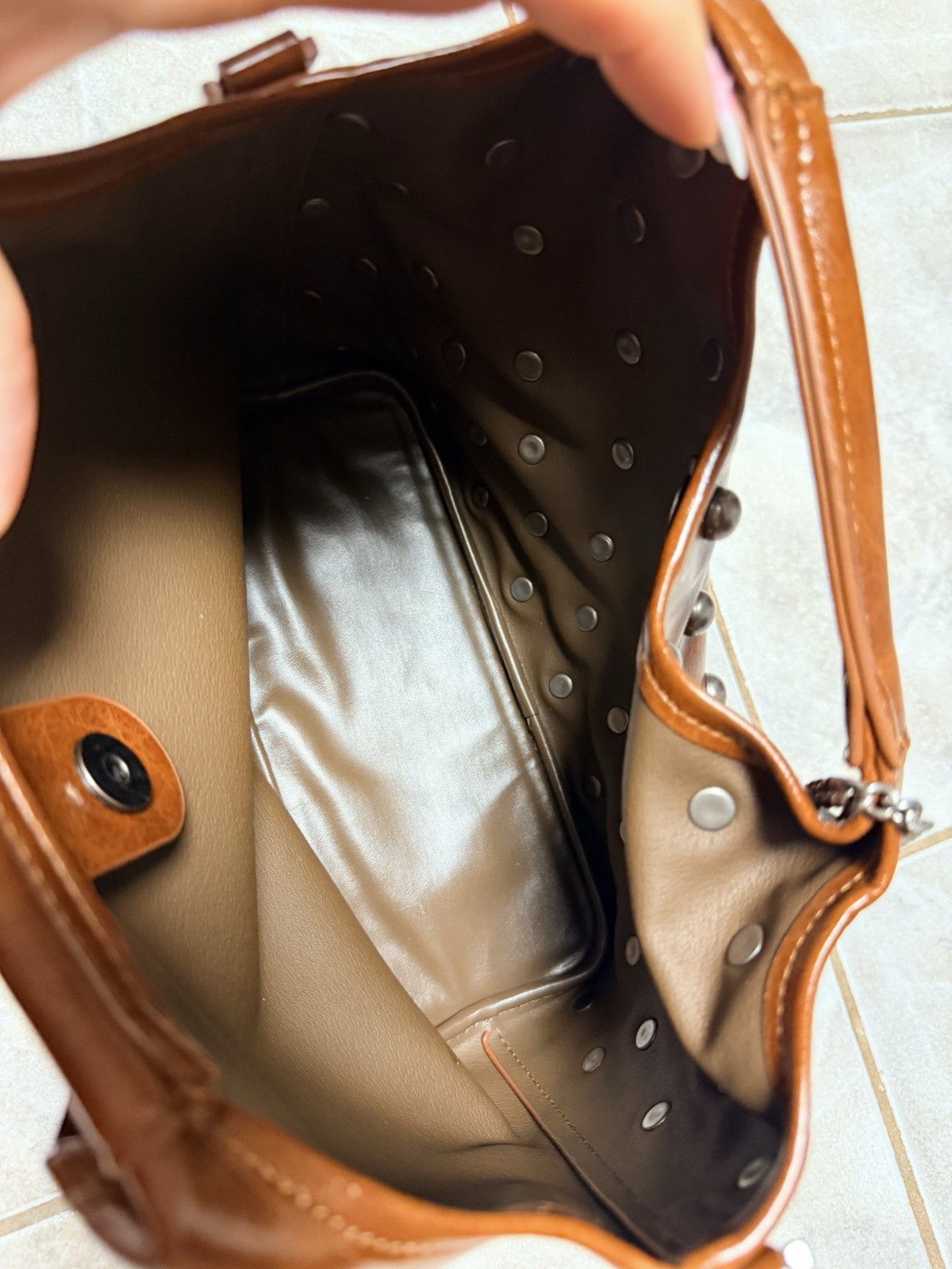 Brown Cowhide Leather Studded Satchel Top Handle Chain Silver Zip Magnetic Pouch