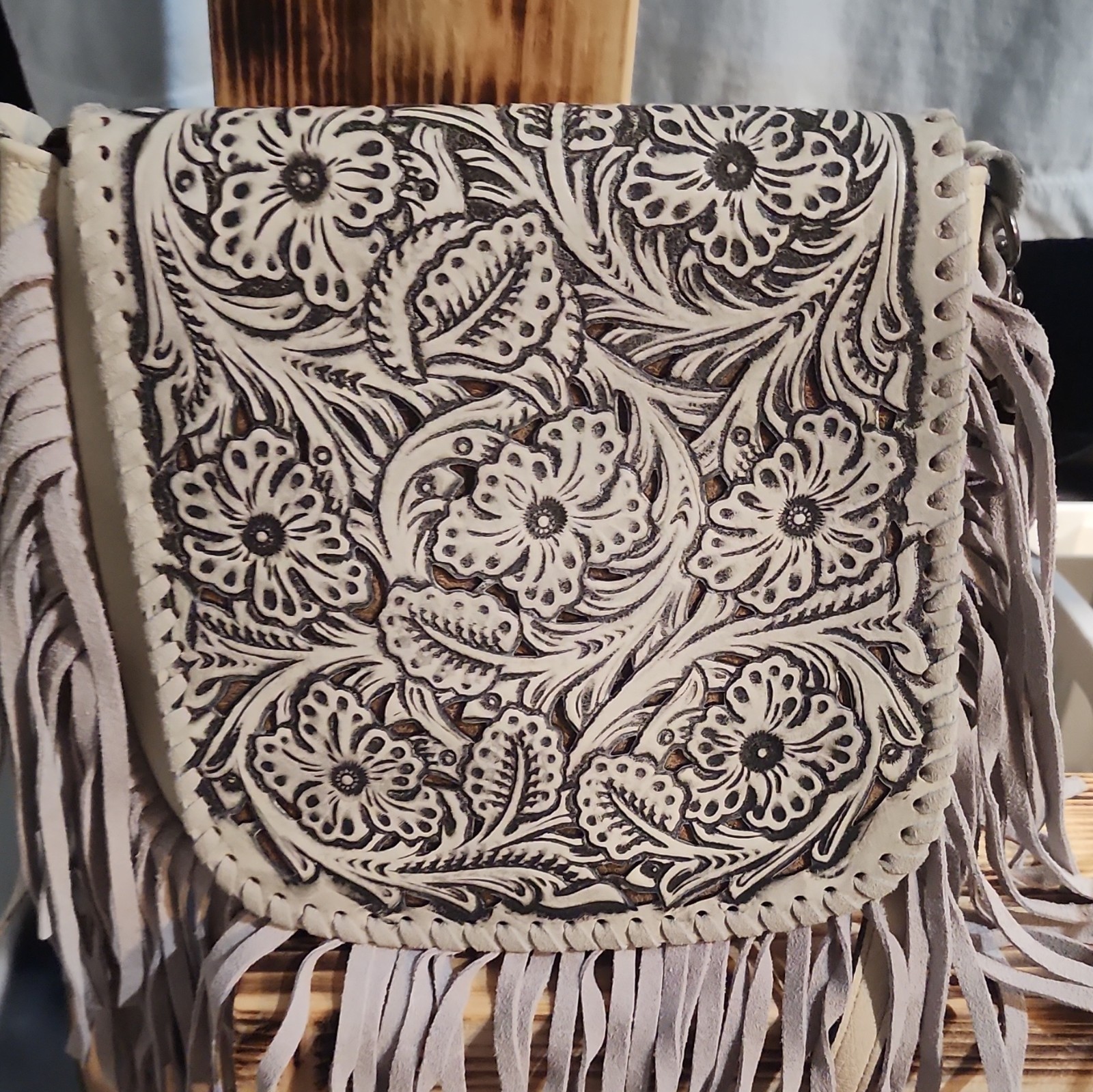 Beige Floral Tooled Fringe Crossbody Bag Detachable Strap Snap Zip Pockets