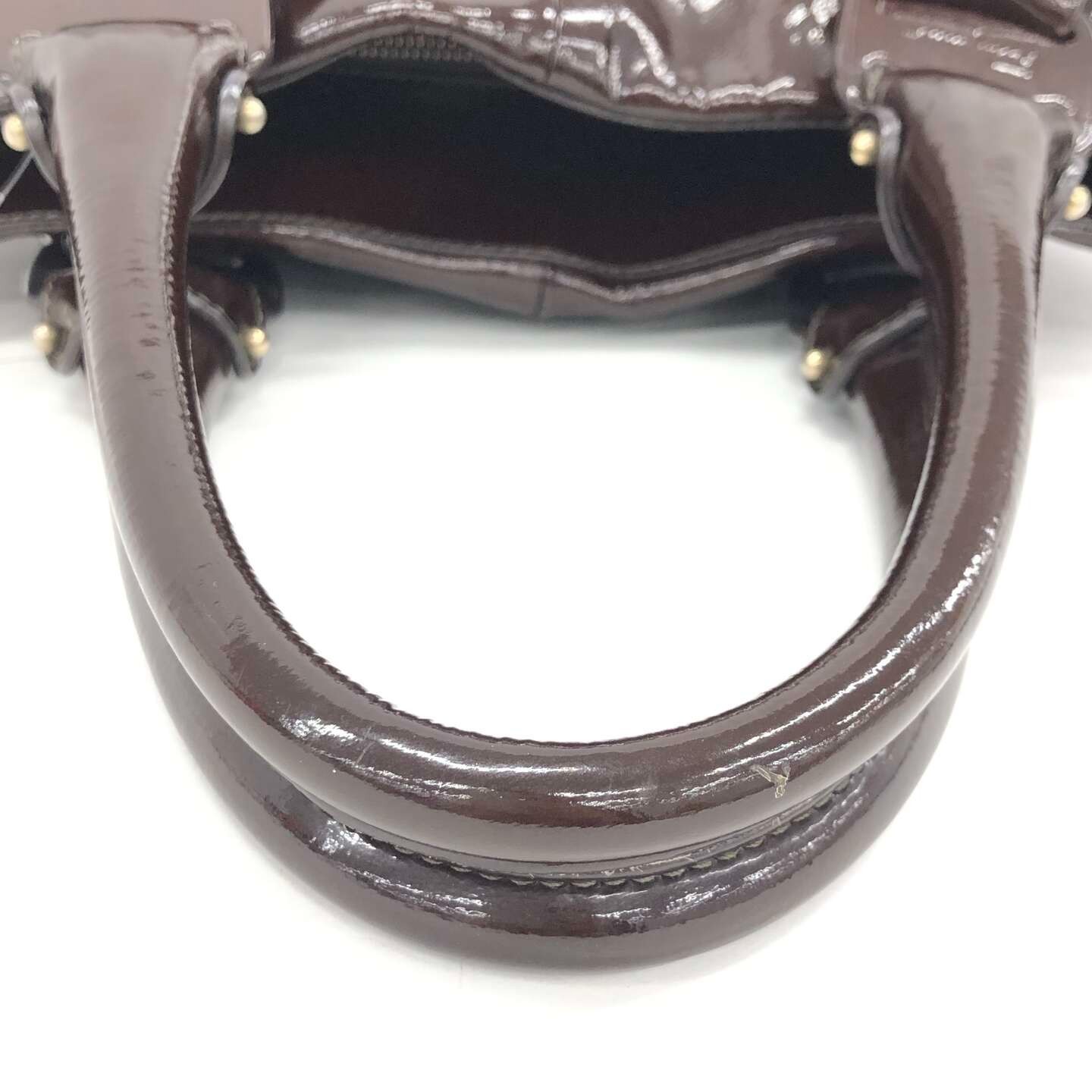 Salvatore Ferragamo Patent Leather Tote Bag Brown Large Shoulder Bag Zip Closure