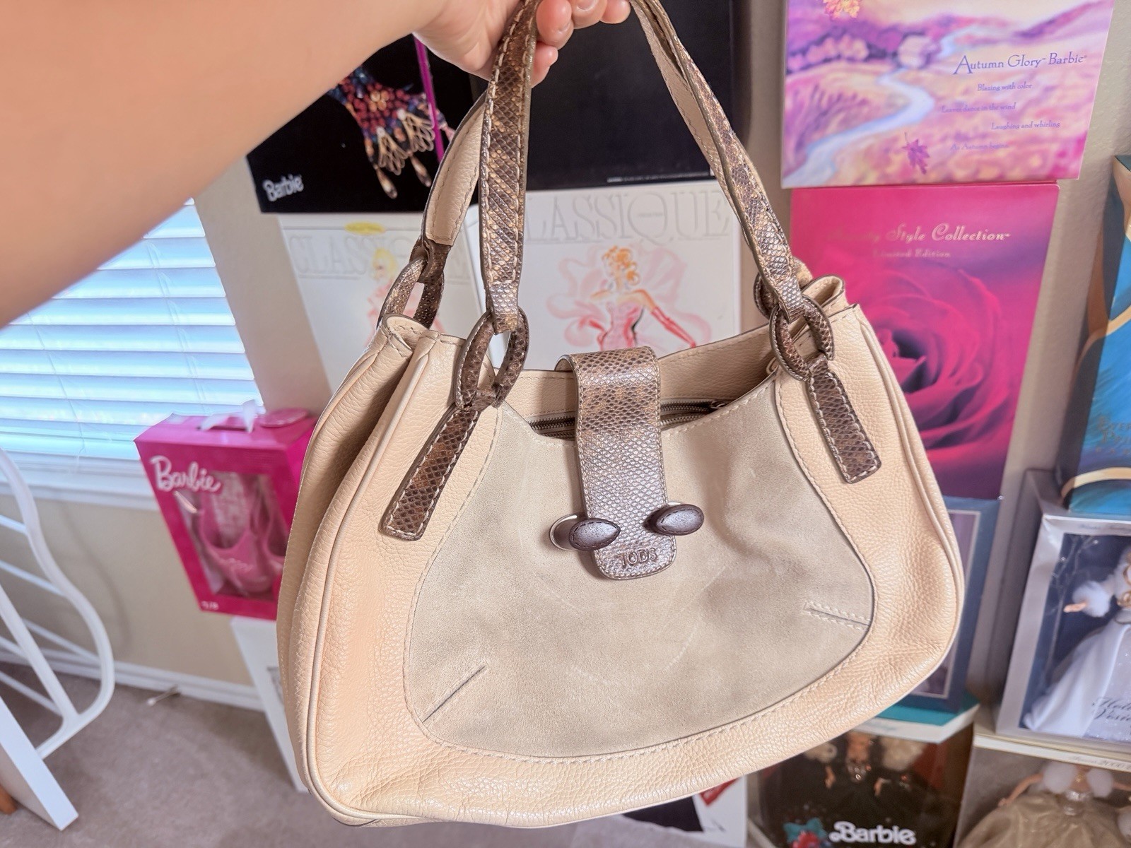 Tod’s Beige Brown Shoulder Bag Logo Snake Skin Effect Double Handles Lined