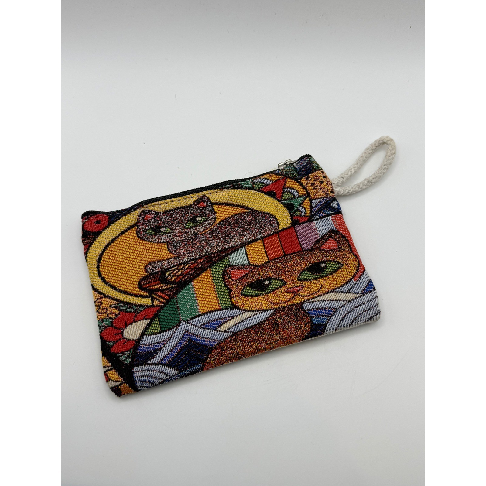 Tapestry Whimsical Cat Graphic Zip Pouch Wristlet Multicolor Coin Purse New