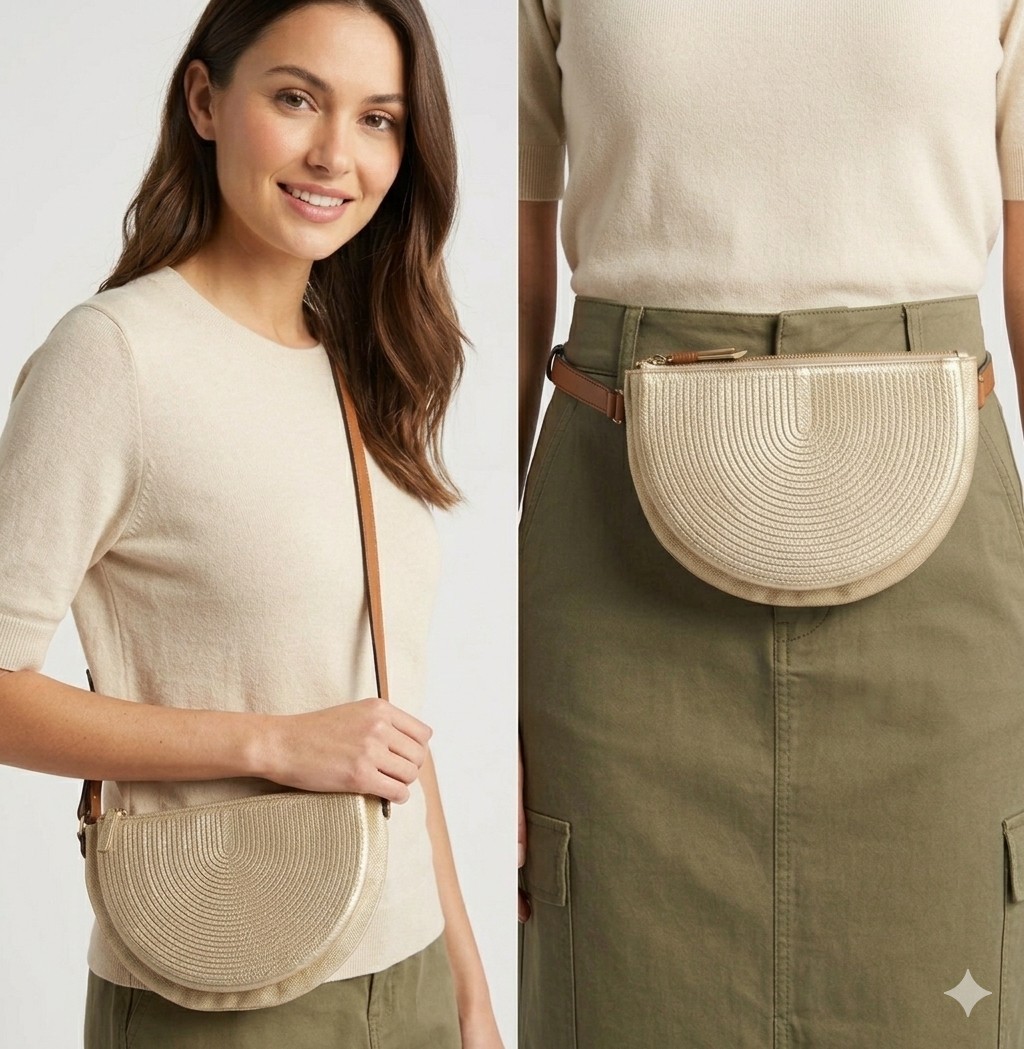 Stella & Dot Sidekick Convertible Crossbody / Belt Bag Gold Faux Leather/Fabric