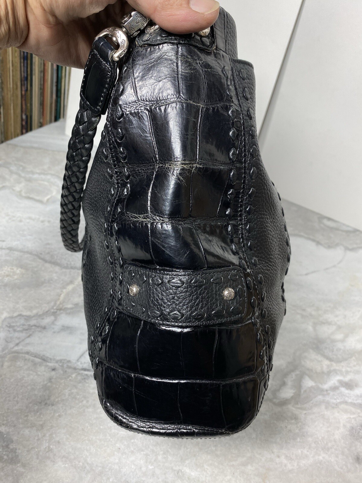 BRIGHTON COLLECTION BLACK LEATHER Whip Stitch HOBO HANDBAG Crocodile Pattern-FS!