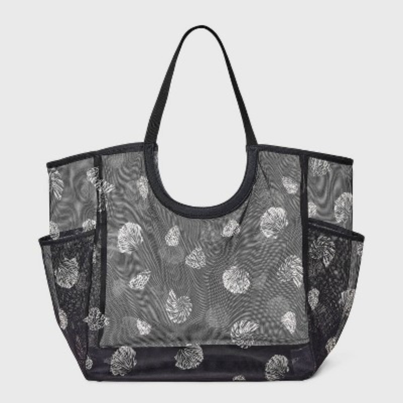 Packable Cut Out Mesh Tote Handbag – Black/White