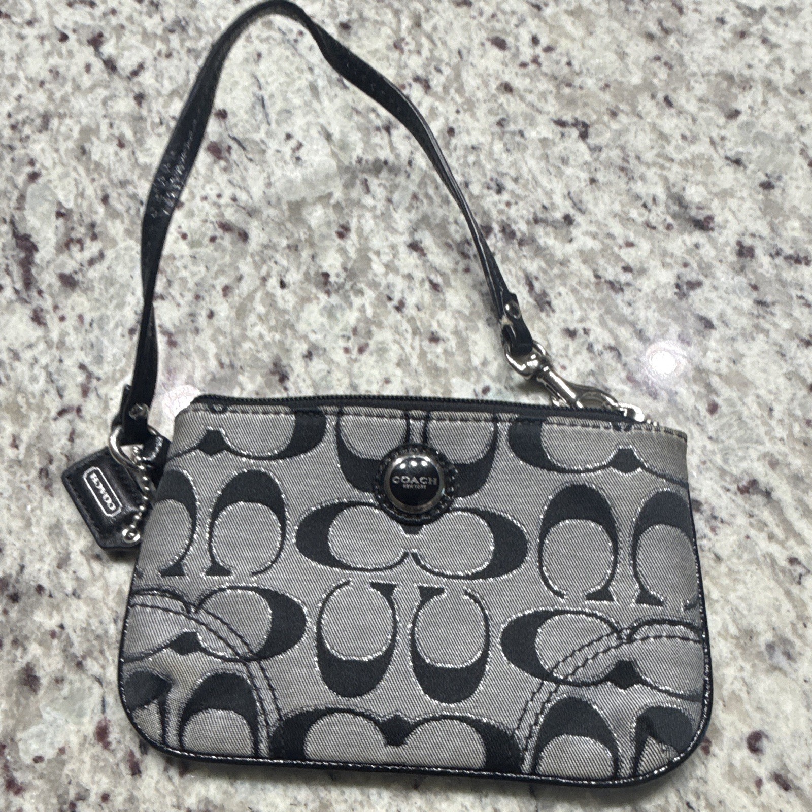 Coach Signature Canvas Wristlet Clutch Purse Gray & Black Monogram Zip Top