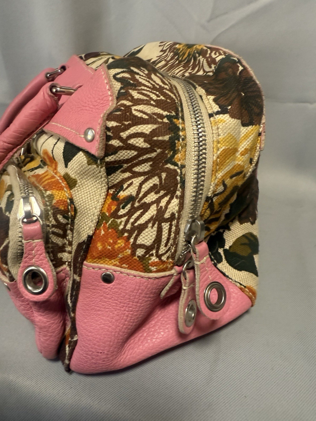The Original CAR SHOE Hobo PINK Leather Purse PRADA Floral Canvas Bag CAR-SHOE