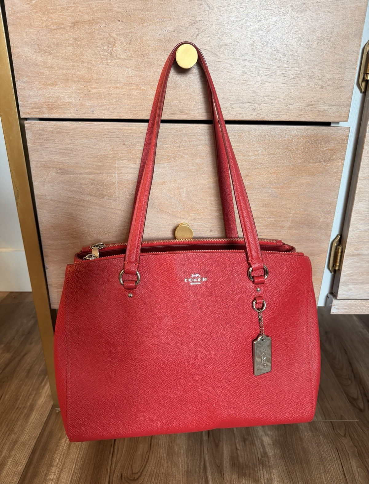 Coach Red CZip-Top Shoulder Bag cross grain leather