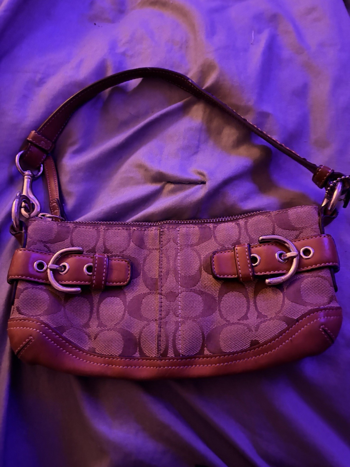 Coach Women’s Brown Monogram Shoulder Bag Zip Closure Inner Pockets Silver