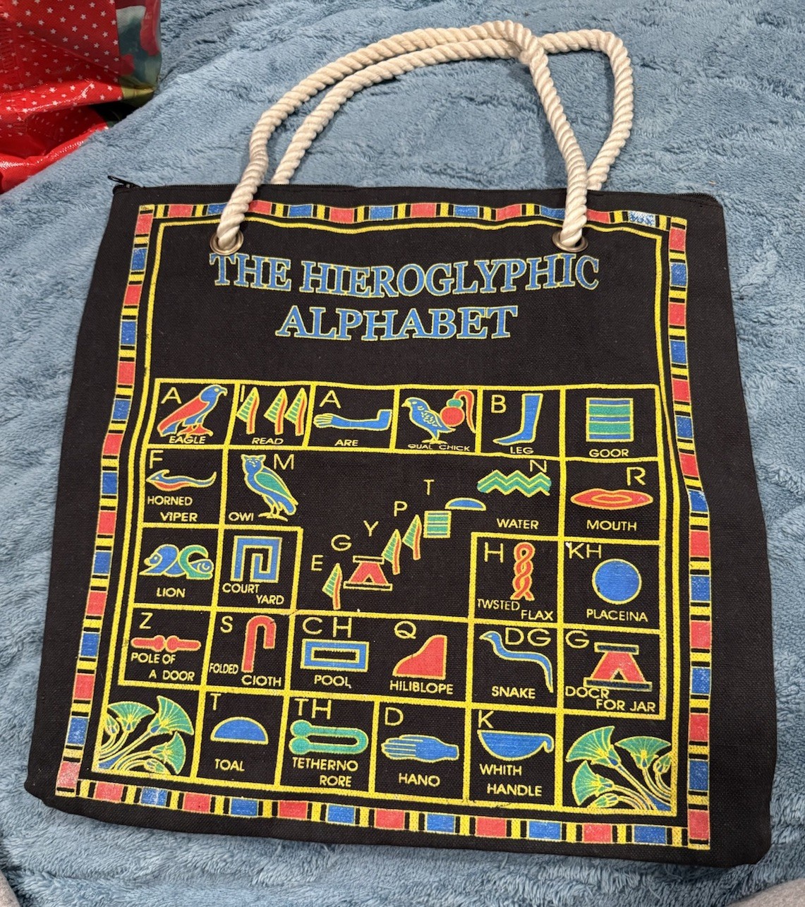 Vintage Egypt Hieroglyphic Alphabet Canvas Tote Bag Natural Double Straps Zipper
