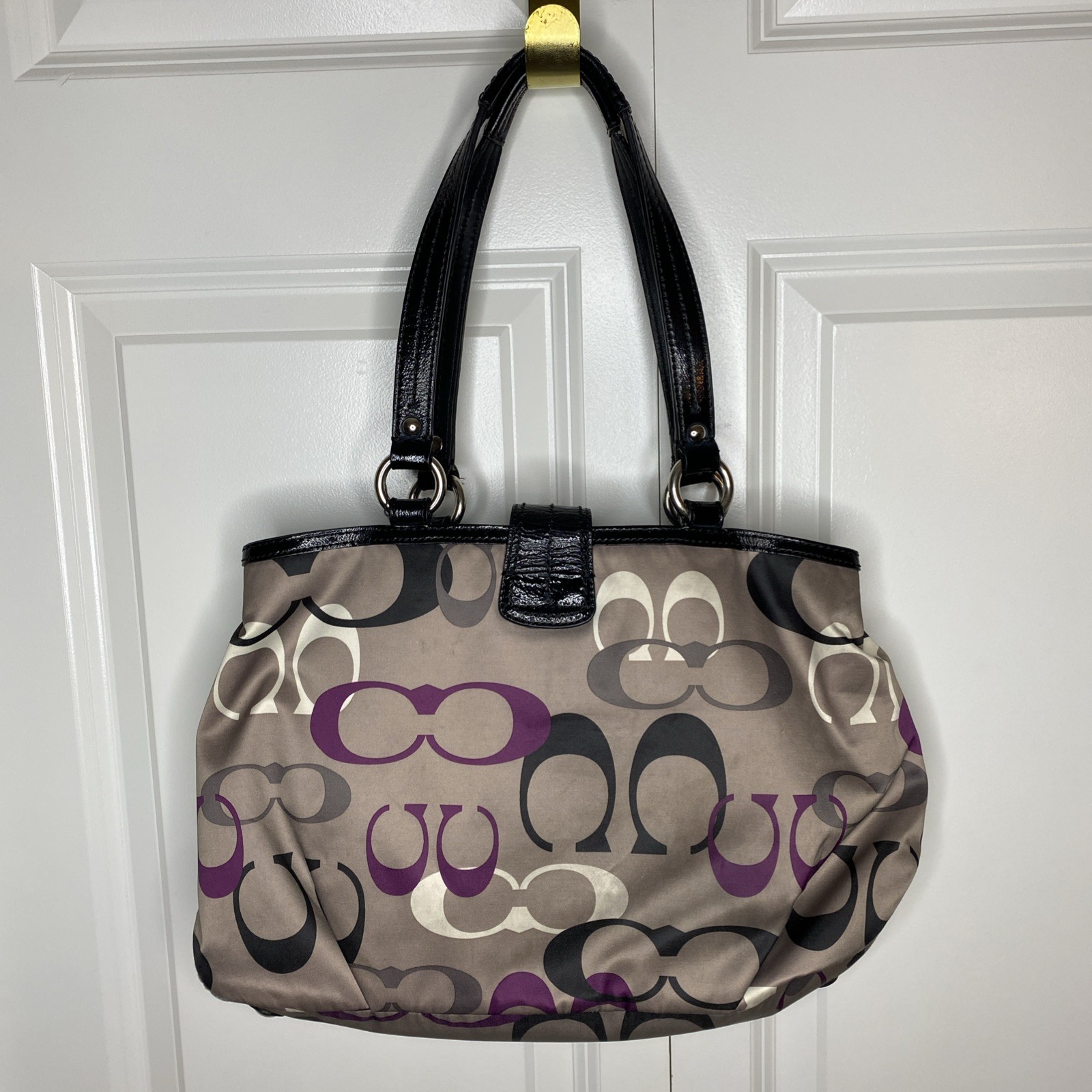 Coach Op Art Logo Print Nylon/Leather/ Fabric Shoulder Bag 2012 E1282-F19458