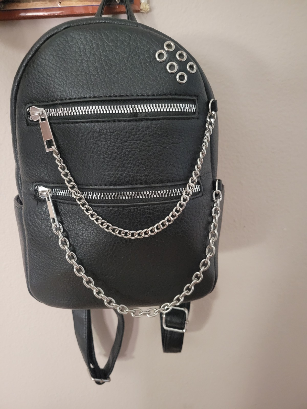 Black Small Mini Backpack Purse Pebbled, Silver Zip Hardware Chain Strap Pockets