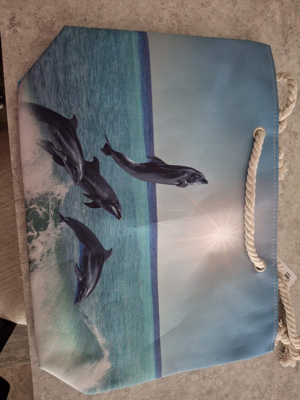Large Blue Dolphin Animal Print Beach Tote Bag Rope Handles Zipper Strap