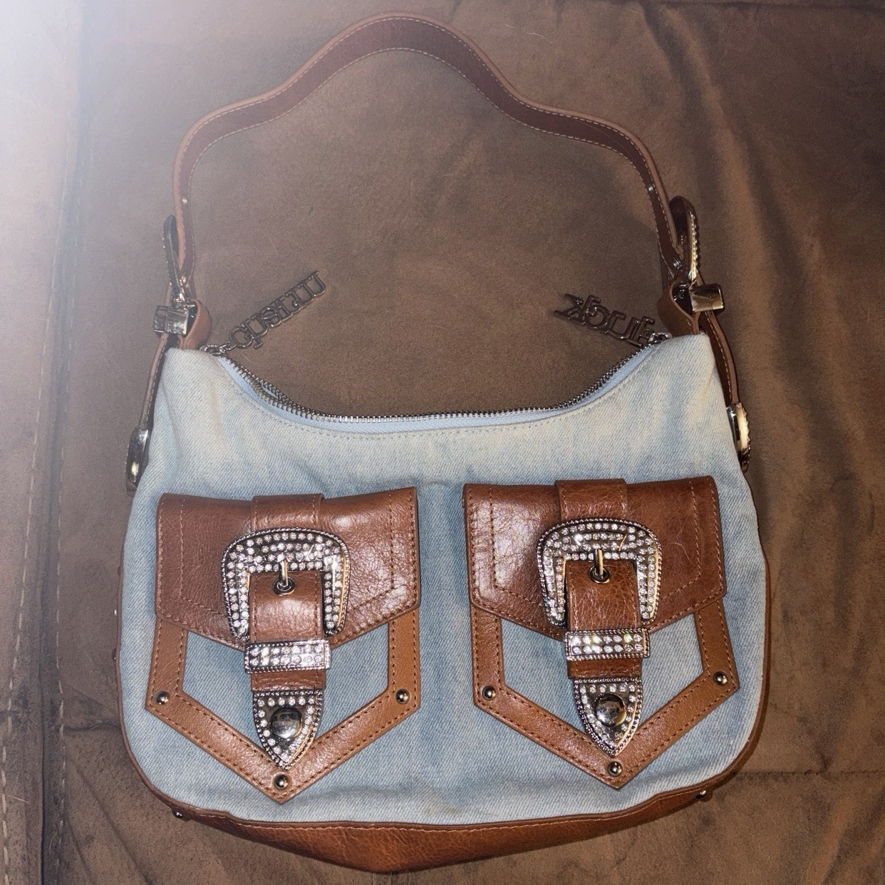 Charm and Luck Blue Brown Shoulder Bag, Zip, Rhinestone Buckle, Pockets