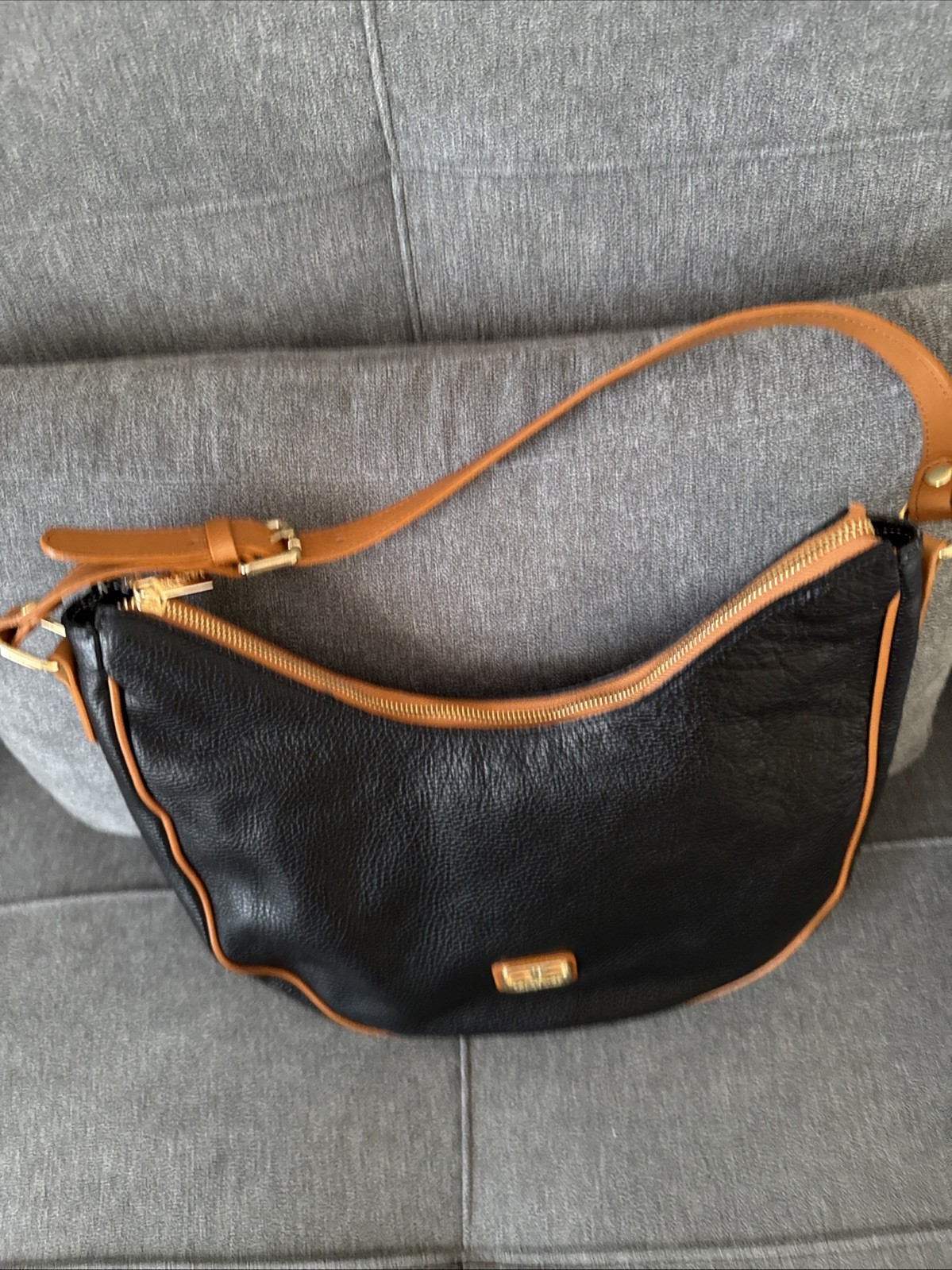 Valentina Italy LG Black Leather Brown Trim LOGO Hobo Shoulder Bag Purse MINT