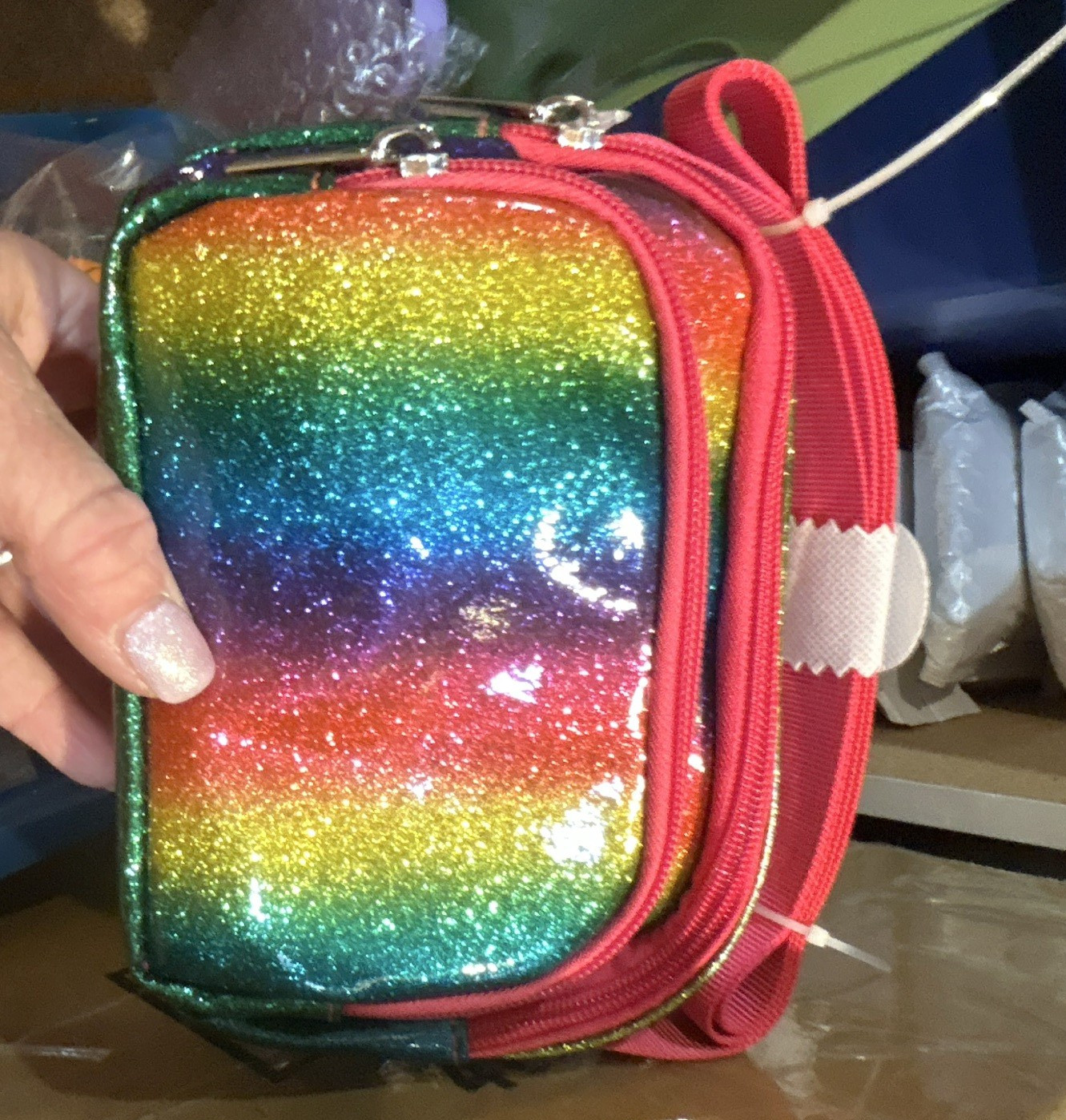 Rainbow Multicolor Glitter Small Women’s Zip Wristlet Pouch Pink Strap Silver