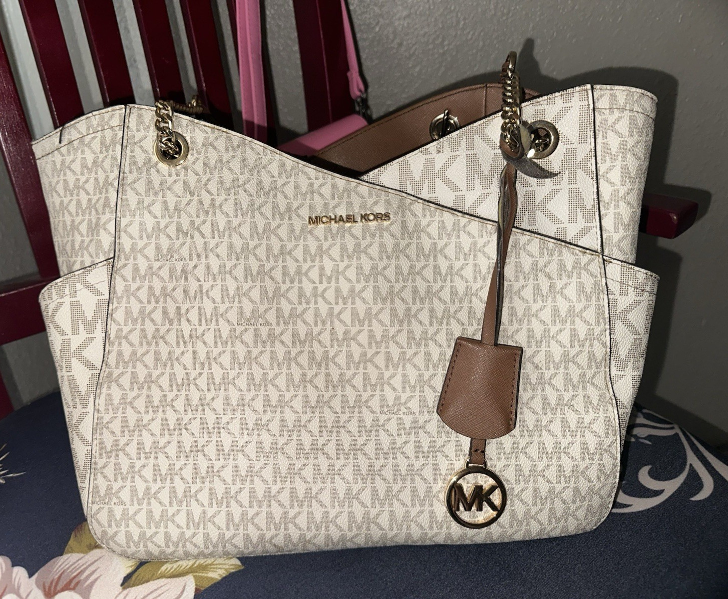Michael Kors Monogram Large Tote Zip Closure Chain Strap Gold Hardware Beige