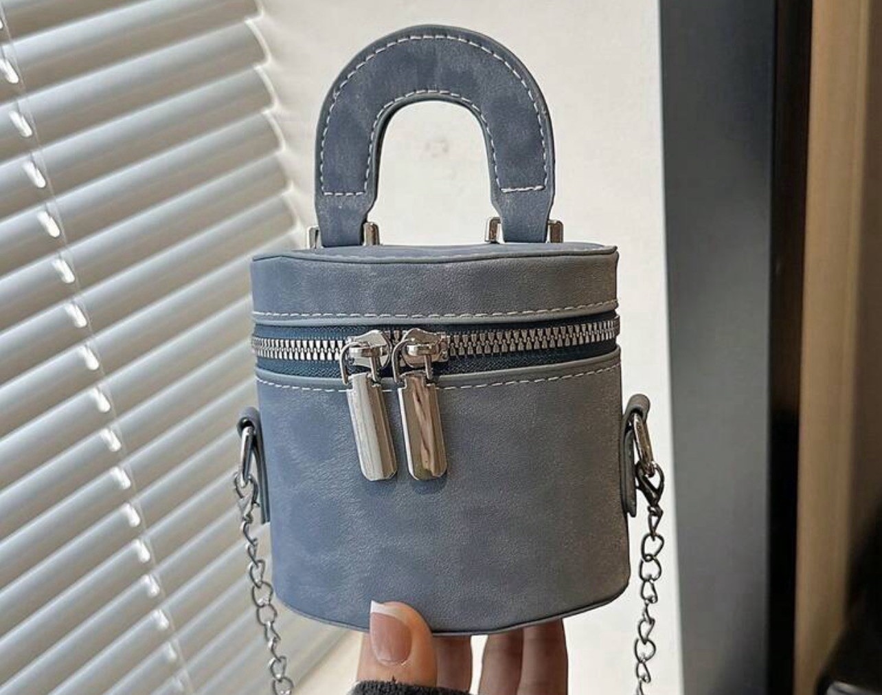 Women’s Blue Mini Cylinder Crossbody Bag Top Handle Chain Strap Zip Cheetah