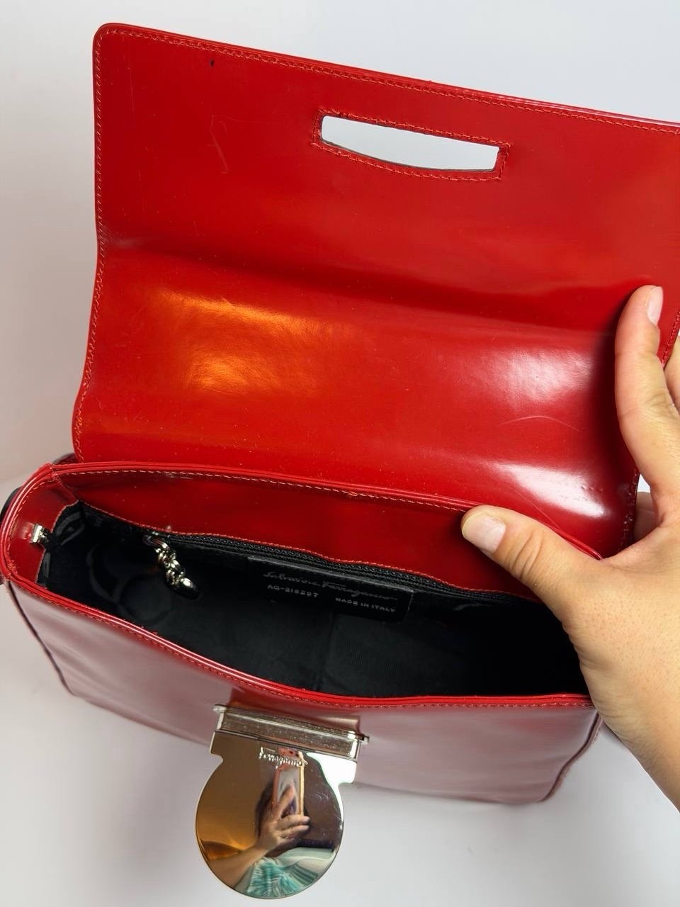 Salvatore Ferragamo Vala Gancini Clasp Red Patent Leather HandBag