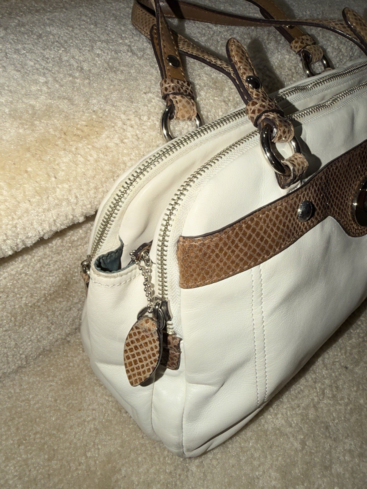 Coach Penelope Leather Satchel Ivory with Brown Snakeskin Trim Purse Handbag