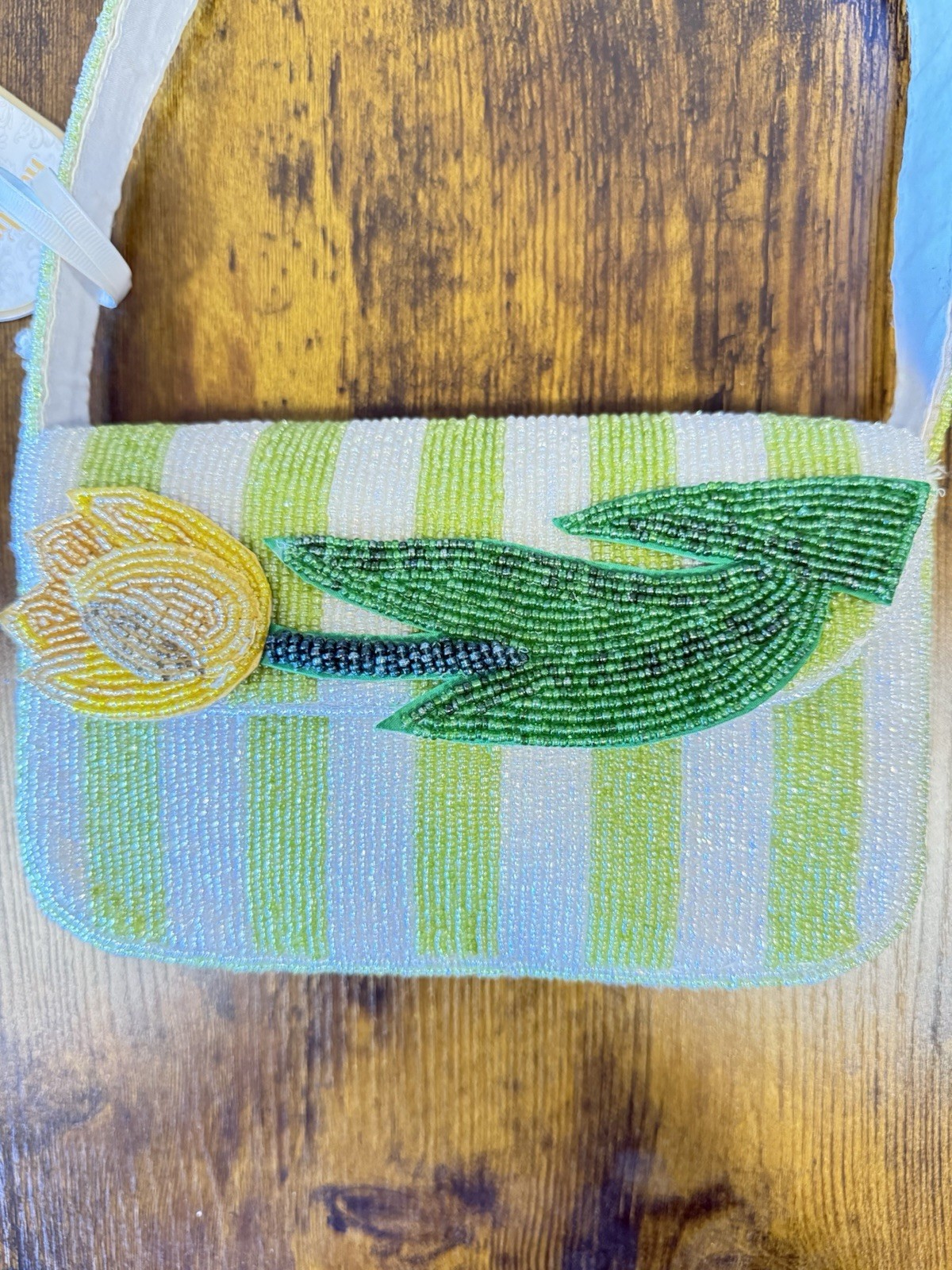 Viral Made In India Beaded Yellow Tulip Purse With White And Green stripes