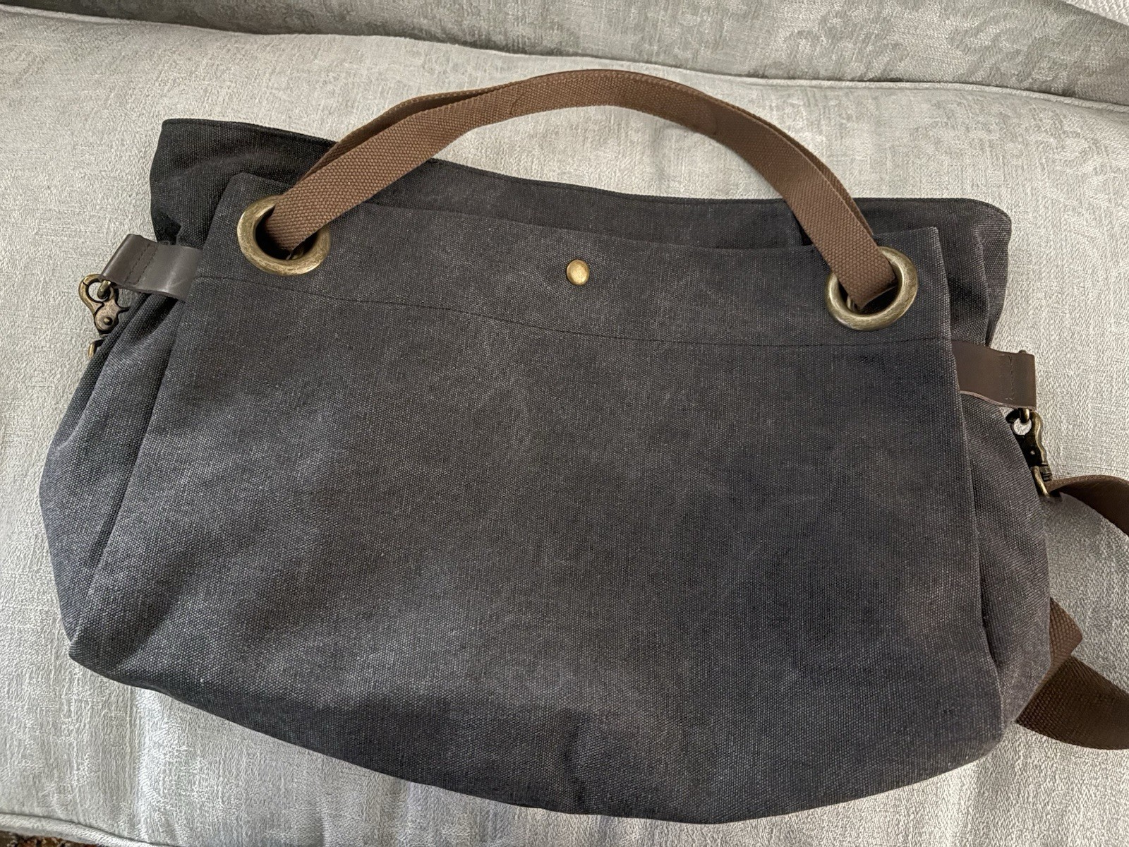 Zede Paris Crossbody Satchel Bag, Size Normal (Large) Black Canvas, Leather Trim