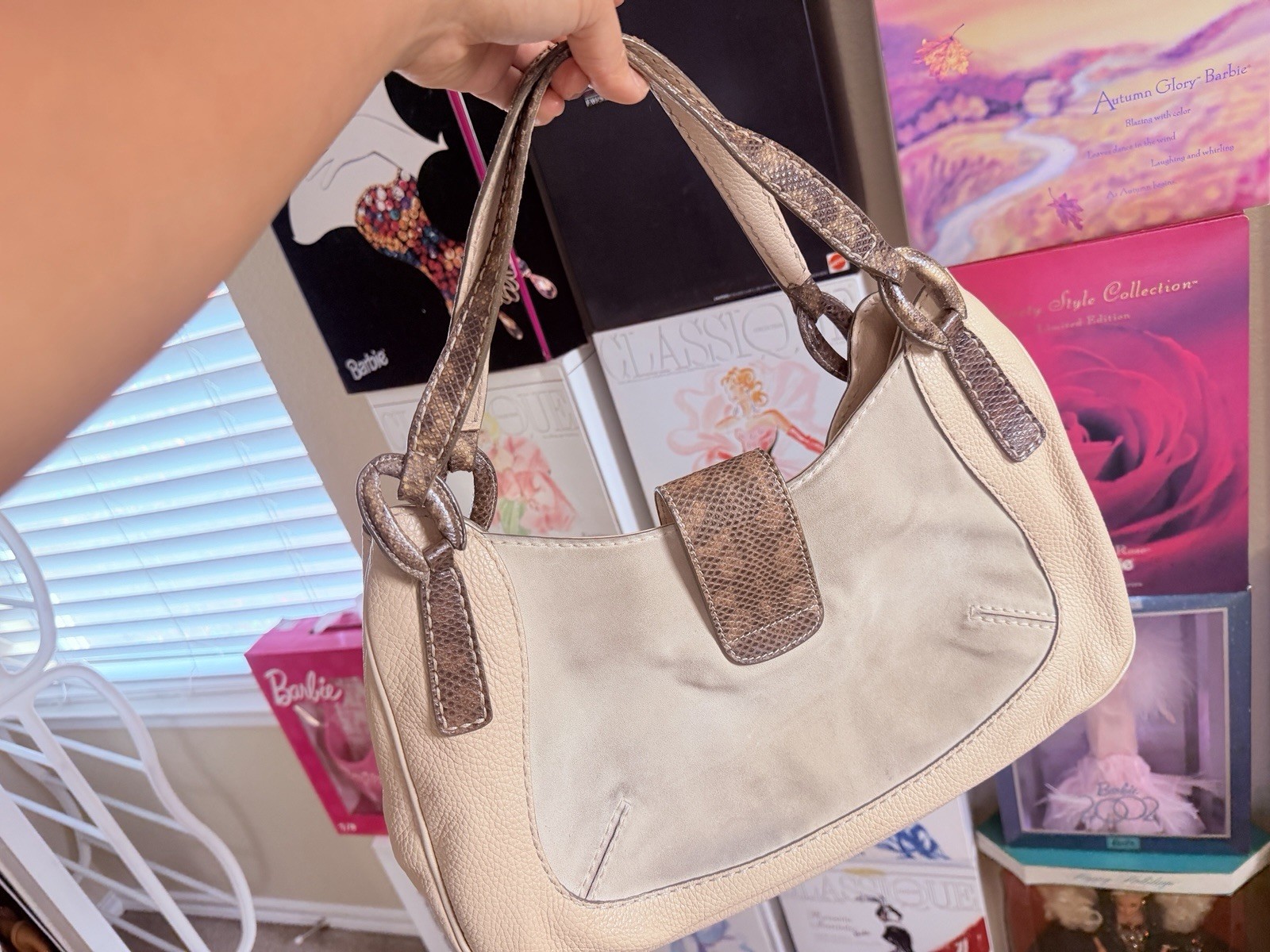 Tod’s Beige Brown Shoulder Bag Logo Snake Skin Effect Double Handles Lined