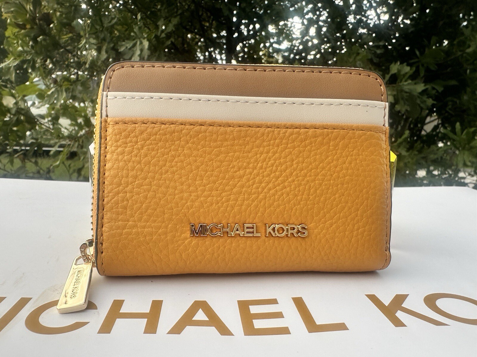 Michael Kors Wallet Zip Around Card Case For Women Golden Rod Color Leather