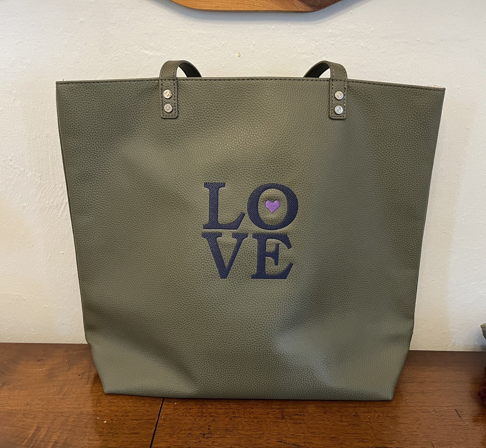 Thirty-One 31 Around Town Tote Ooh-La-La Olive pebble with “Love” embroidery