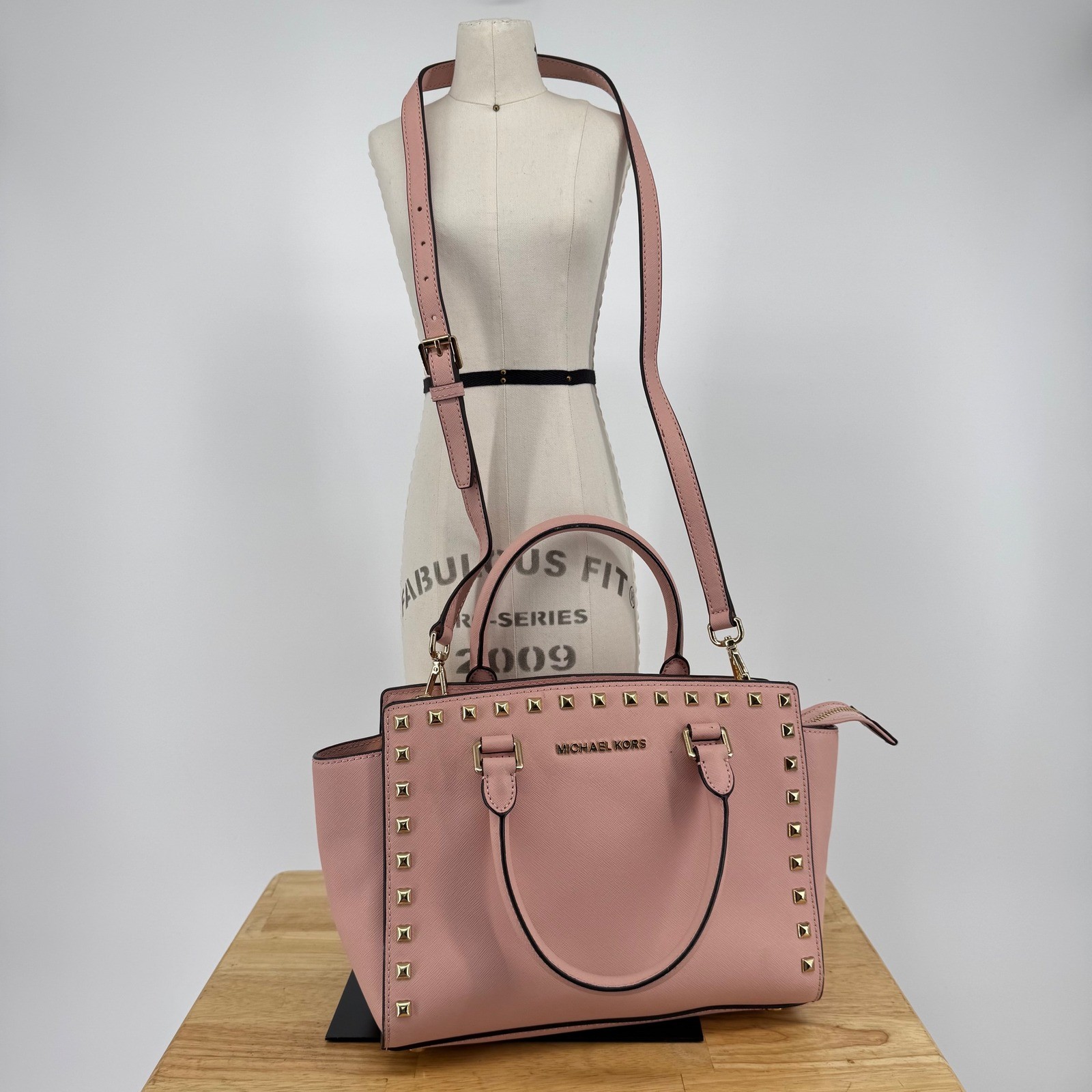 Michael Kors Selma Medium Studded Satchel Pink Saffiano Leather Crossbody Bag