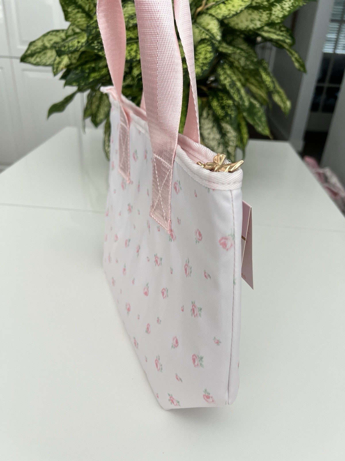 LoveShackFancy x Yoobi Floral Zip Tote Lunch Bag Bow Charm Gold Hardware Pink