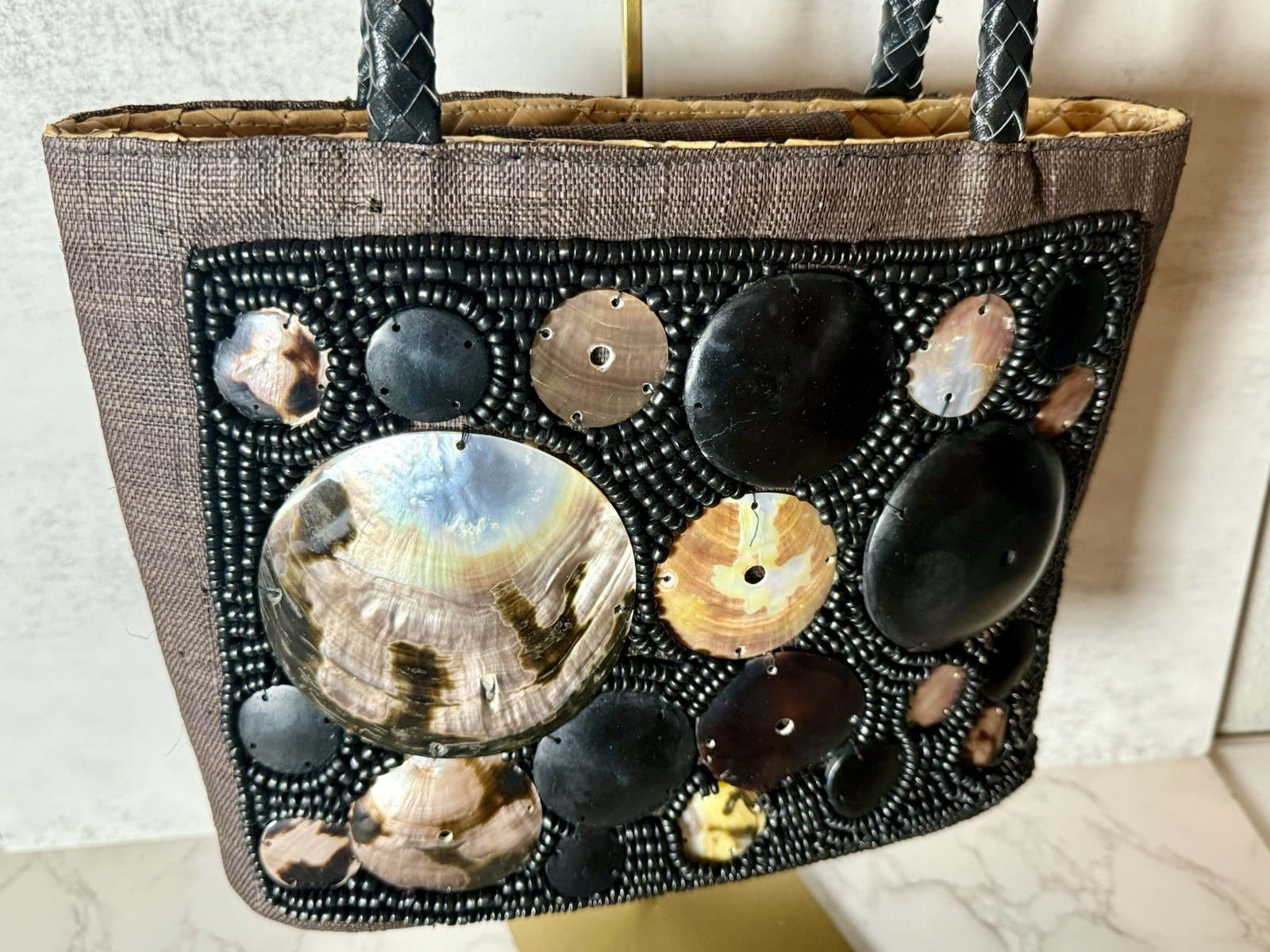 Italy Woven Abalone Handbag Chocolate Brown Wood Bead Rectangular Leather Handle